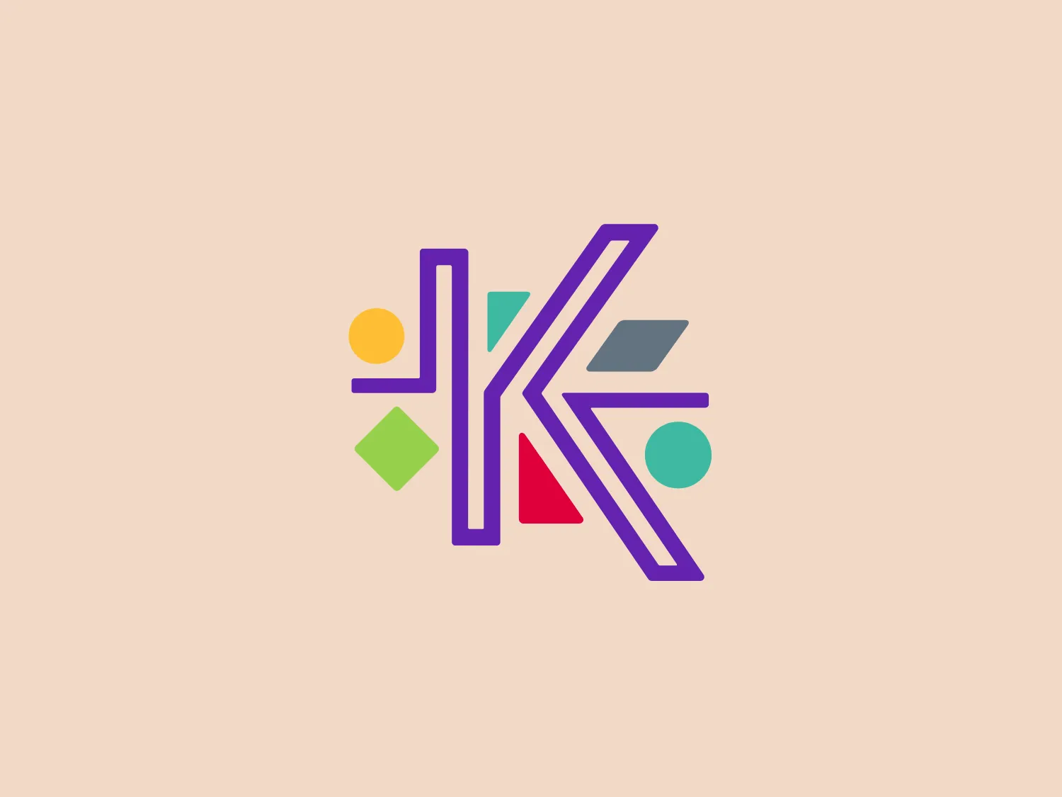 This logo consists of an abstract configuration of shapes centered around a stylized letter 'K'. The 'K' is composed of purple lines with varying thickness, creating a sense of movement or digital transmission. Behind the 'K', there are multiple geometric shapes, including a green diamond, a red parallelogram, an orange circle, a dark blue circle, and several muted grey shapes that seem to represent motion or shadow, adding depth to the design. The color palette is a mix of vibrant and pastel, suggesting creativity and innovation with a modern twist. The use of empty space and clean lines contributes to a contemporary and tech-friendly aesthetic for Kidscape.