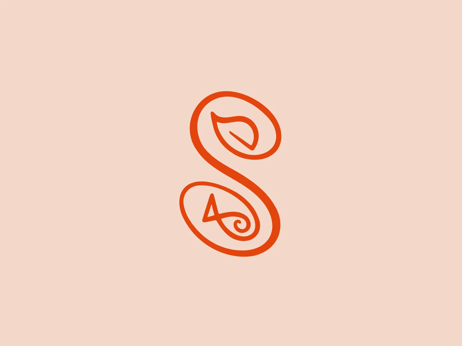 The image depicts a logo consisting of a stylized infinity symbol, seamlessly transforming into a pair of letters. These characters are intertwined with each other, maintaining the continuous line of the infinity sign. The logo features a vibrant orange hue, giving it a lively and energetic feel. The lines are sleek with varying thicknesses, adding a sense of movement and modernity to the overall design. The shapes within the loops of the symbol could be interpreted as a leaf and a letter, suggesting themes of growth, nature, or environmental consciousness related to Super Foods Perú branding. To complement this logo, a soft and subtle background color that does not compete with the vibrancy of the orange would be ideal.