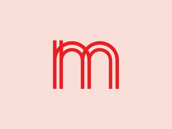 The Muze logo showcases a stylized letter 'M' formed by three parallel red lines. The outer lines bend outward and inward, resembling an abstract arch or bridge. The central line is slightly elevated, creating a modern hierarchy. The uniform thickness and sharp angled ends contribute to a clean and precise appearance. Strategic use of negative space accentuates the minimalistic and contemporary design, while the bold red color adds a dynamic touch.