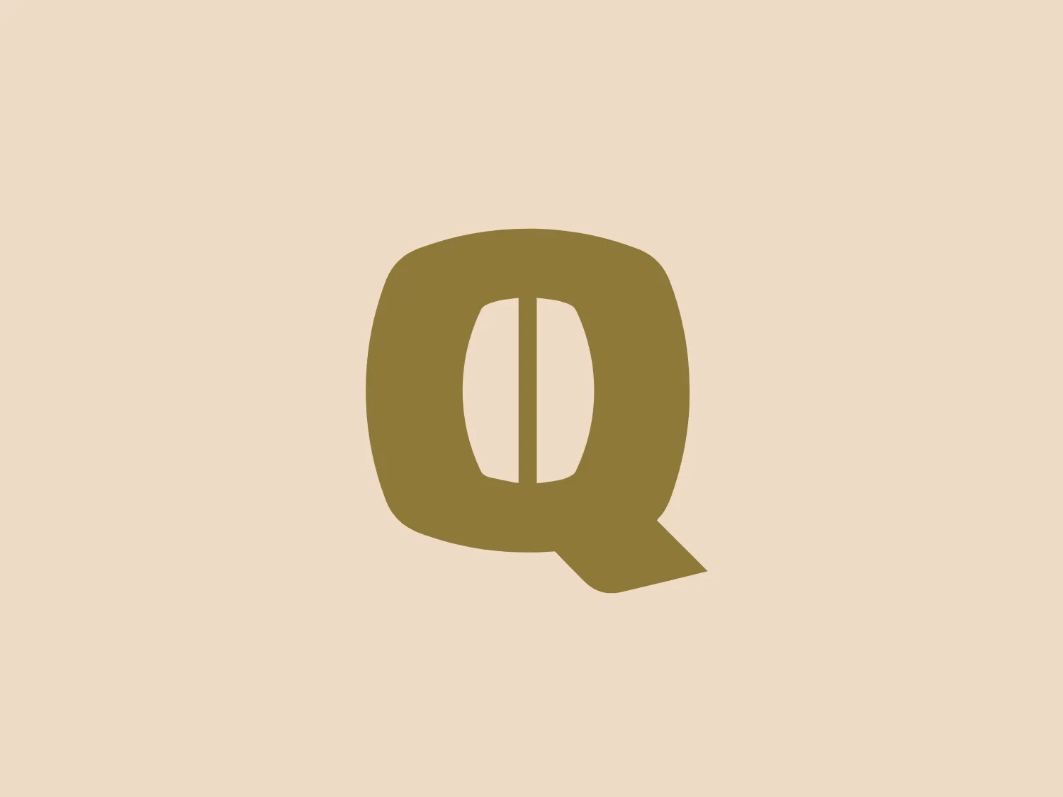 The Qnico logo features a stylized, lowercase letter 'q' with a distinctive design. The overall form resembles a speech bubble, suggesting communication or conversation themes. Its color is a solid, muted shade of brown, providing a sense of stability and reliability. The letter is modified with a vertical white line breaking through its center, which adds an element of contrast and visual interest, enhancing the readability and creating a subtle hint of modernity in the design.