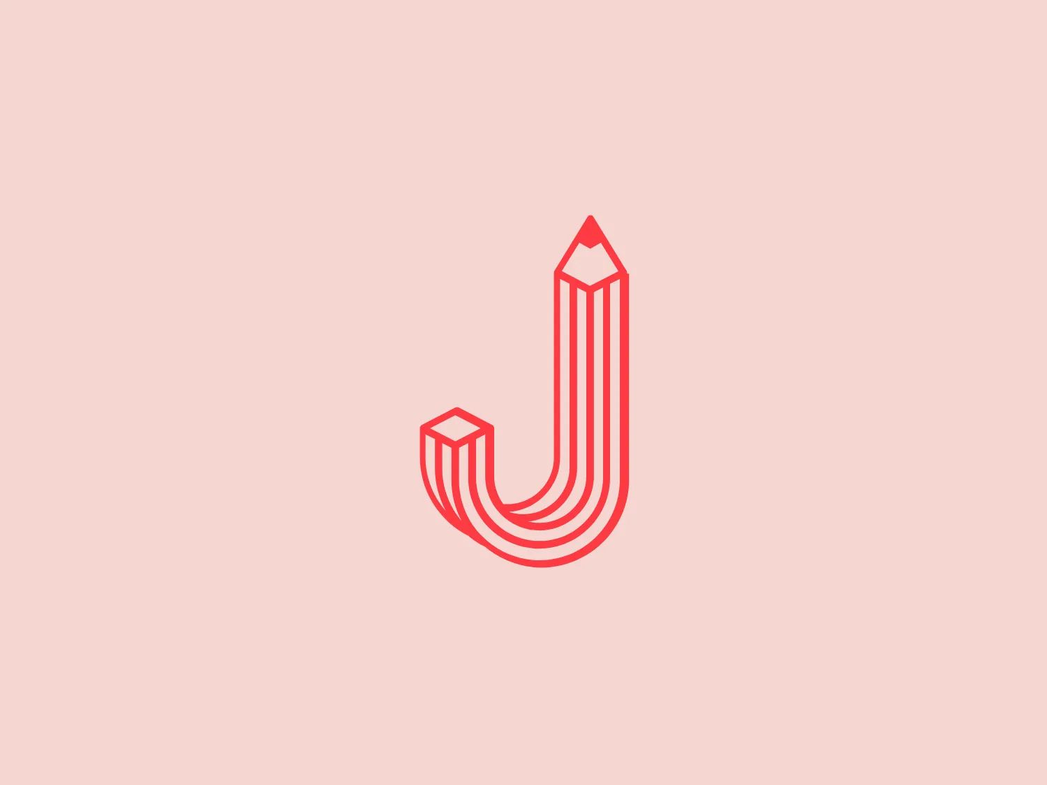 The image is a stylized, minimalist red logo that resembles a pencil formed into the shape of a "J". The pencil is represented by a series of three vertical lines that come together at the bottom, signifying the pencil tip, and at the top, showing the sharpened end with the exposed graphite core. The boldness and simplicity of the design give it a modern and clean aesthetic. The red color used is vibrant and would stand out well against a neutral background.