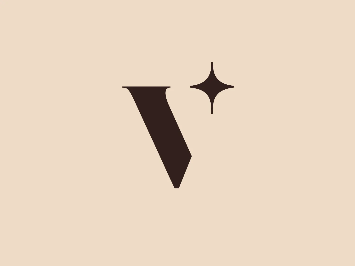 The logo features a stylized letter 'V' with a gradient from dark brown to lighter brown. There is a small, four-pointed star adjacent to the right side of the 'V'. The 'V' is bold and has a slight curve at the bottom, creating a modern and elegant feel. This minimalistic design is suitable for luxury branding and high-end products. The logo is best presented on a light background that complements the brown tones without overpowering them.