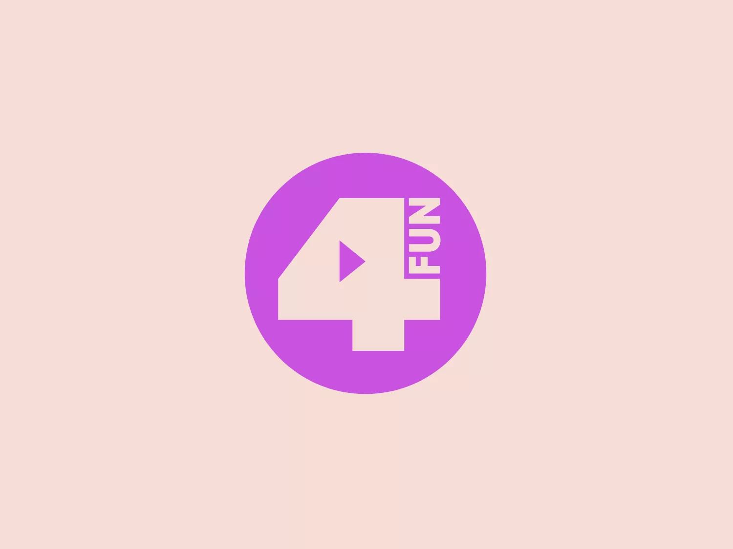 The 4Fun TV logo features a bold, white stylized number "4" at the center, with the word "FUN" cut out from its body, creating a playful negative space effect. The figure is set against a flat, purple circle, which gives it a striking pop. The purple hue contrasts sharply with the white, ensuring the design stands out. The font used for "FUN" appears modern and friendly with clean lines. Overall, the design aesthetic is minimalist and energetic, suggestive of entertainment or a leisure-related brand. Considering the purple color of the 4Fun TV logo, a background that would complement without overpowering it could be a soft, muted pink.