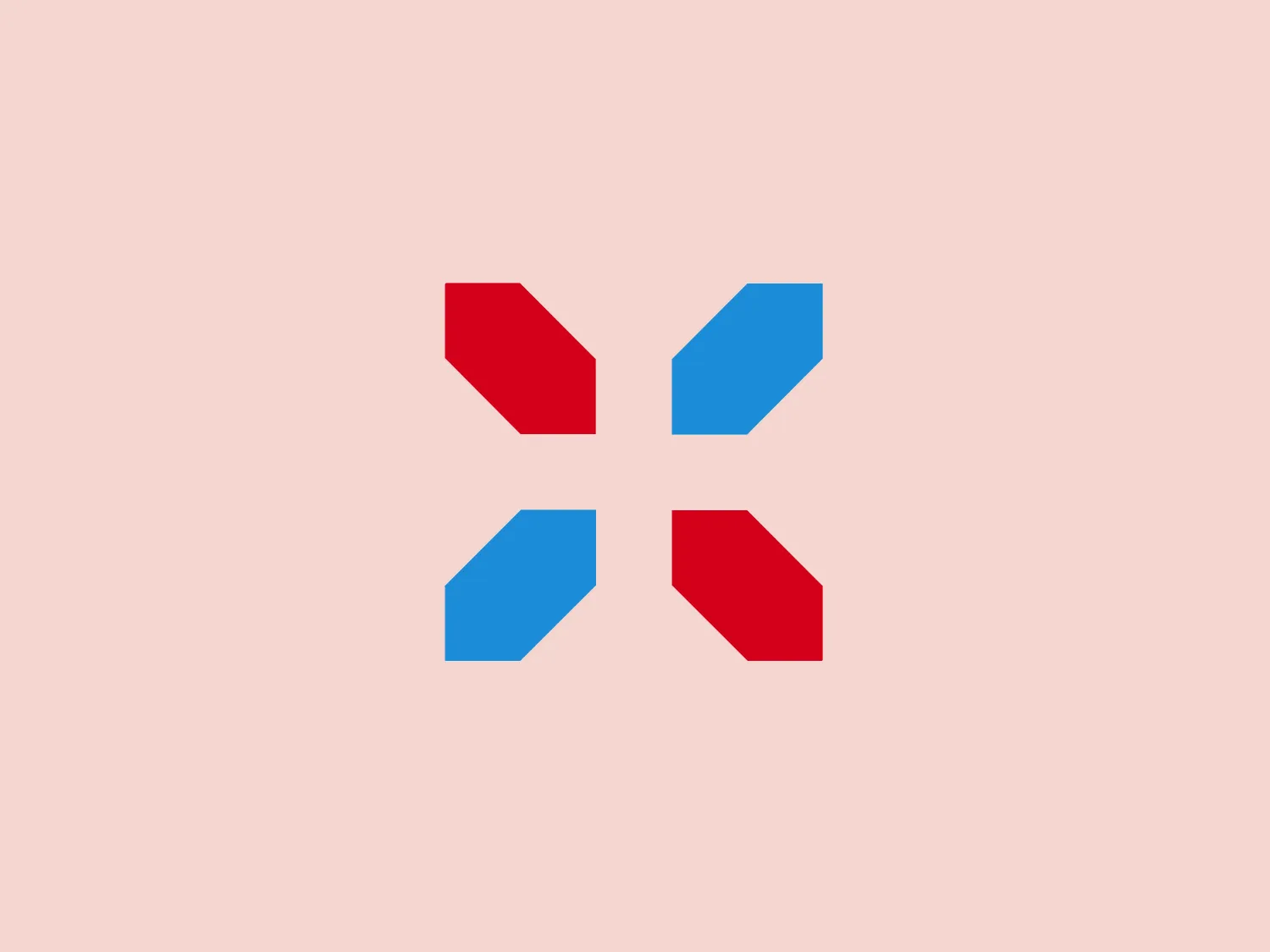 The Luxembourg logo is a bold and modern geometric design featuring four parallelogram-like shapes arranged around a central point but not touching. Vibrant red (#FF0000) and bright blue (#0000FF) alternate in positioning, suggesting rotational symmetry and motion. The use of primary colors makes the logo stand out, with a recommended muted background color to complement its vibrancy. Hexcode: #ECE4CF