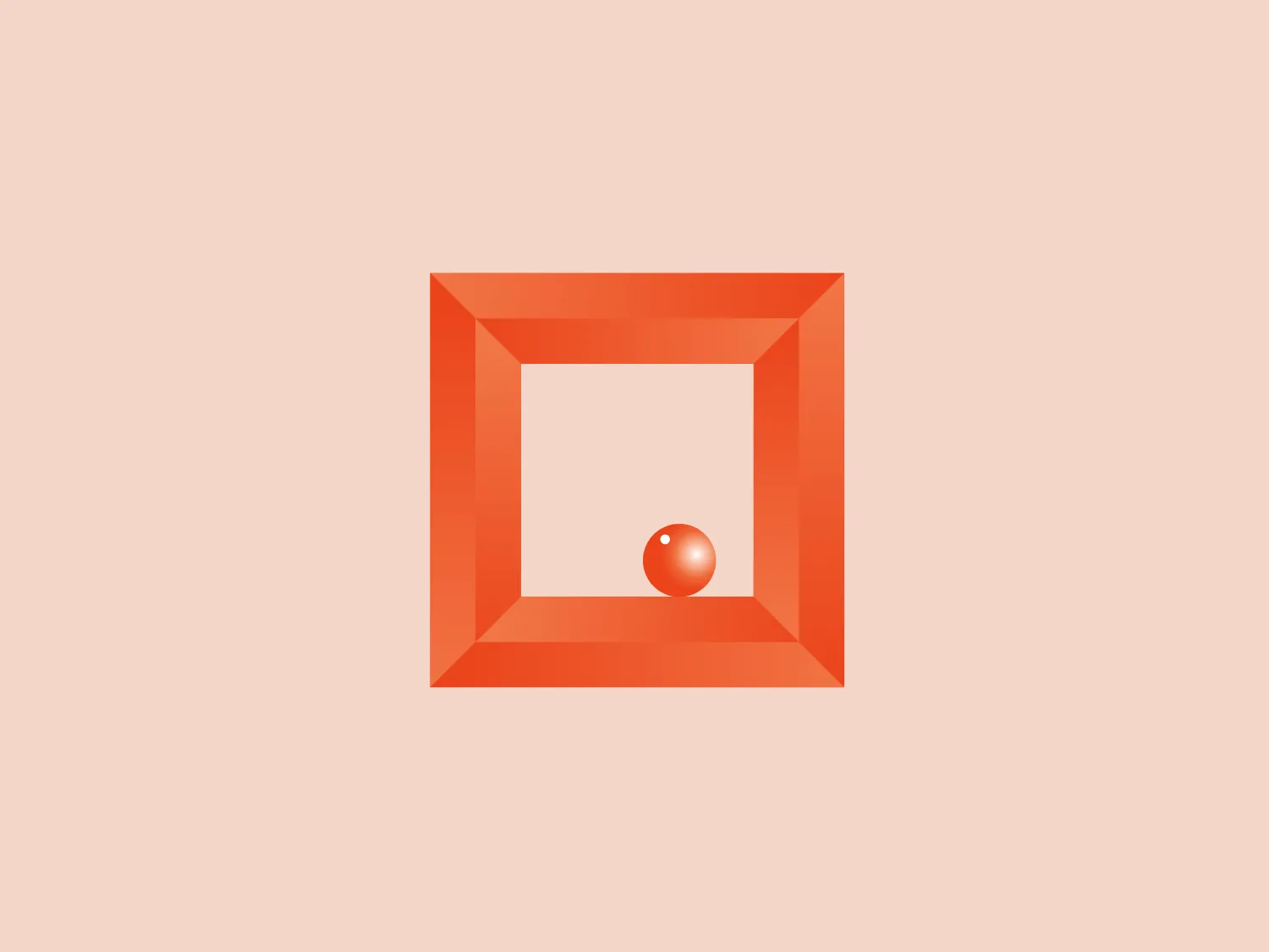 The Orange Bed & Bath logo features a stylized, isometric orange square frame with a white space that creates a sense of depth and perspective. A small, glossy sphere with a gradient of red and light orange shades is suspended in the center, suggesting a reflective surface. The minimalist design and bold color contrast give the logo a modern and clean appearance.