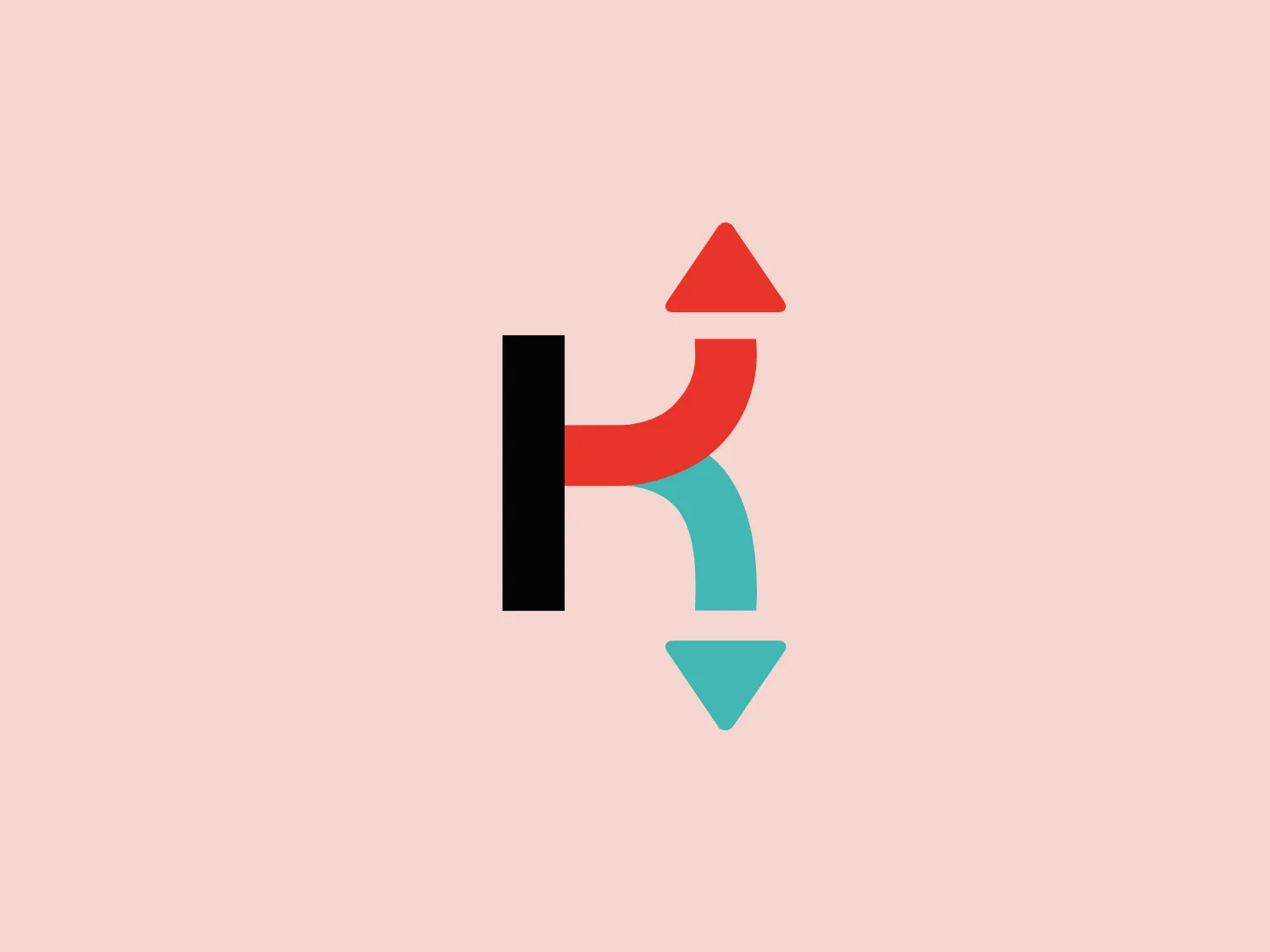 The image displays a modern and abstract logo, comprised of geometric shapes with a bold visual impact. It features a vertical black bar on the left, from which emanates a stylized letter 'H' formed by two distinct arrows – one pointing upwards in a striking red (#FF0000) and the other pointing downwards in a calm teal blue (#008080). The design conveys motion and choice, with its arrows representing opposing directions or decisions. The overall aesthetic is clean, minimalistic, and versatile, suitable for various branding scenarios. The Logo is colored in #F5DDE7.