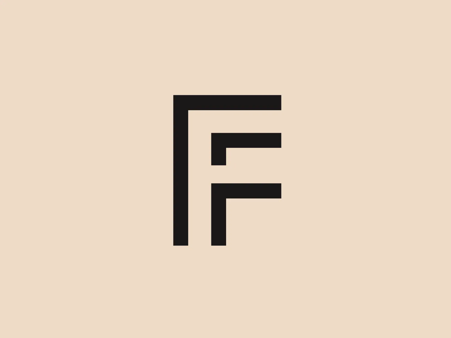 The image displays the monogram logo of Les Franciscaines, consisting of a black 'F' with a unique geometric design. The 'F' is stylized with sharp, right angles and consists of a thick vertical bar intersected by two horizontal bars at the top and lower half, resembling a traditional 'F' but with a modern twist. The clean lines and bold simplicity suggest a contemporary and professional aesthetic. Given the stark contrast of the black logo, a light and unobtrusive background color would complement it well.