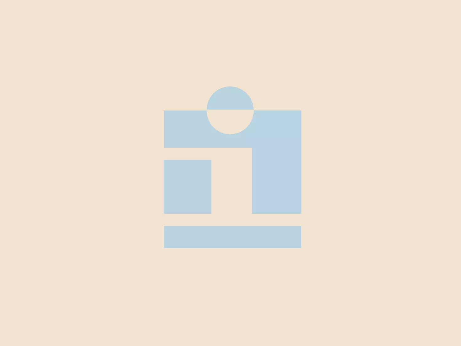 The image for Integrated Healthcare is a modern, abstract logo featuring geometric shapes in a muted blue shade. The design includes a large square bisected by a horizontal bar, with a smaller square in the upper right corner. Above the bar, resting on the square's edge, is a delicately balanced circle. The symmetrical design utilizes negative space effectively and could be interpreted as creating the letter 'i' or a person with raised arms, adding a human element to the professional and clean appearance of the logo.
