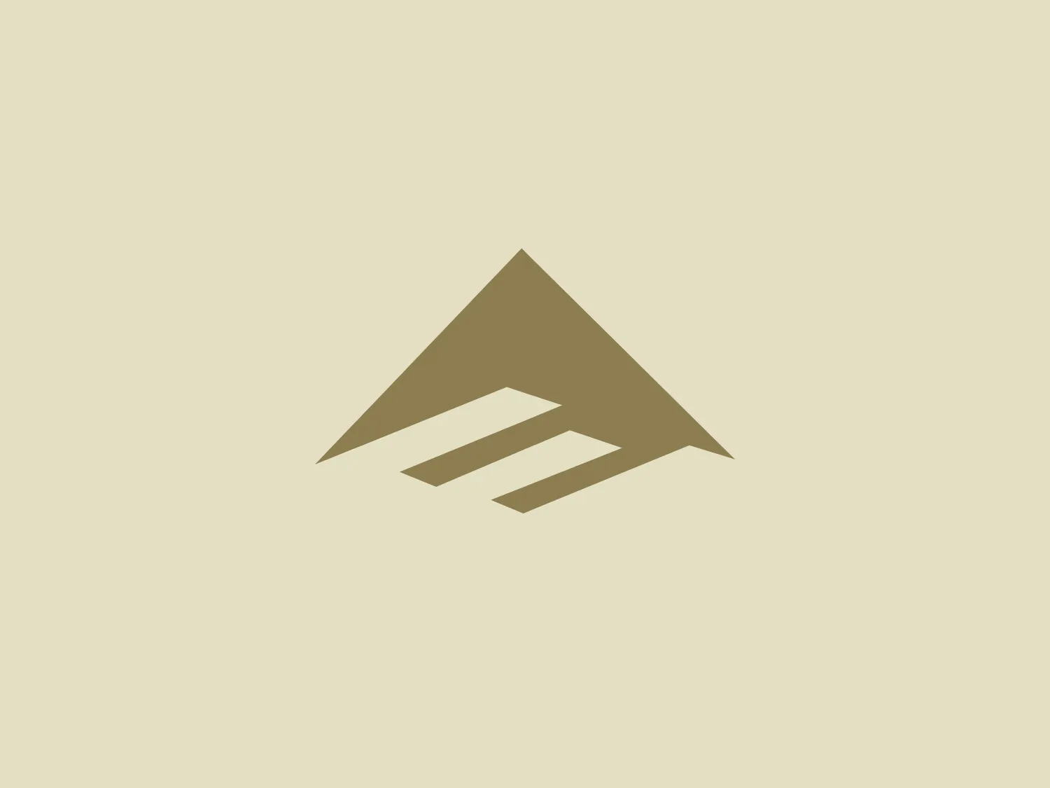 The Emerica logo features a stylized, geometric design that takes the form of an abstract mountain or arrowhead pointing upwards, conveying a sense of progress or reaching for heights. It consists of a large triangle with a flat base at the top and two smaller, parallel triangular shapes removed from its bottom right, suggesting a dimensional effect or shadow. The color of the logo is a muted shade of gold or beige, which gives it a sophisticated and modern appearance. The overall design is minimalist and would likely appeal to industries that value strength, stability, and forward-thinking.