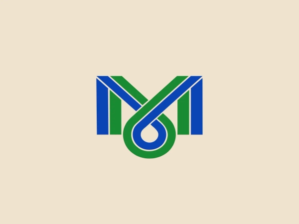 The Metrofor logo comprises two letters, with one resembling an 'M' and the other resembling an 'I', 'J', or a decorative element complementing the 'M'. The logo uses a rich, deep blue and a vibrant green, with the 'M' featuring bold, parallel lines descending into an elegant curve. This creates a continuous loop with a sense of motion and continuity. The logo has a modern, clean aesthetic with precise geometry, and the use of negative space and overlap adds visual depth. Sharp angles contrast with smooth curvature, suggesting a balance between stability and innovation.