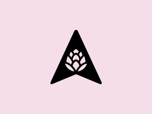 The stylized black hop cone in the equilateral triangle for Antur Brew. The tiered, fractal pattern and use of negative space create a bold and modern look.