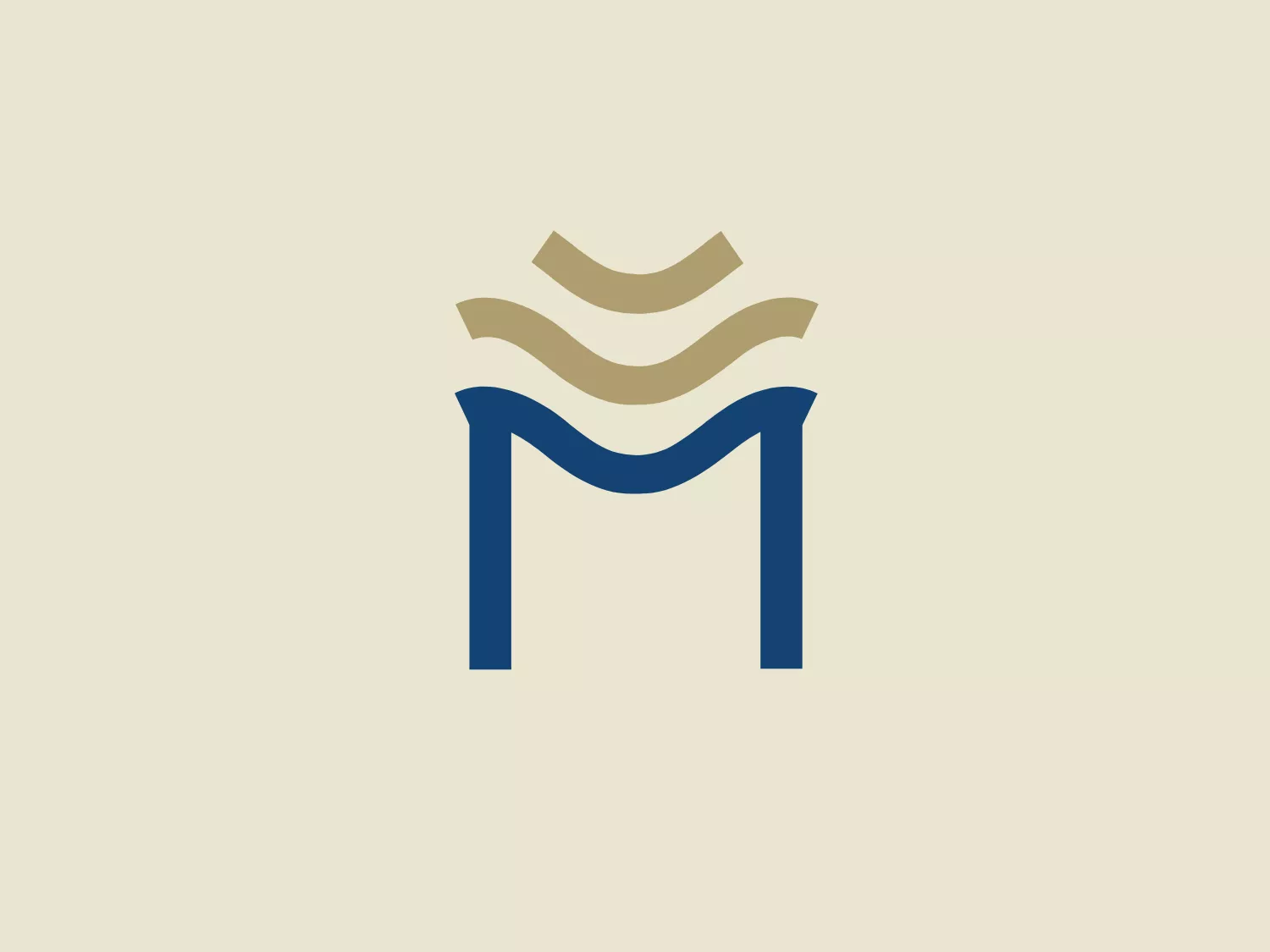 The Minos Ambassador logo features two primary elements. The upper part showcases three horizontal wavy lines with gradients of gold or ochre, evoking a sense of movement or waves. Below is a bold letter 'M' in deep blue, constructed with strong geometric lines and sharp corners, giving the logo a stable and grounded appearance. The overall design aesthetic is modern and minimalist, with a professional tone suggested by the clean lines and limited color scheme.