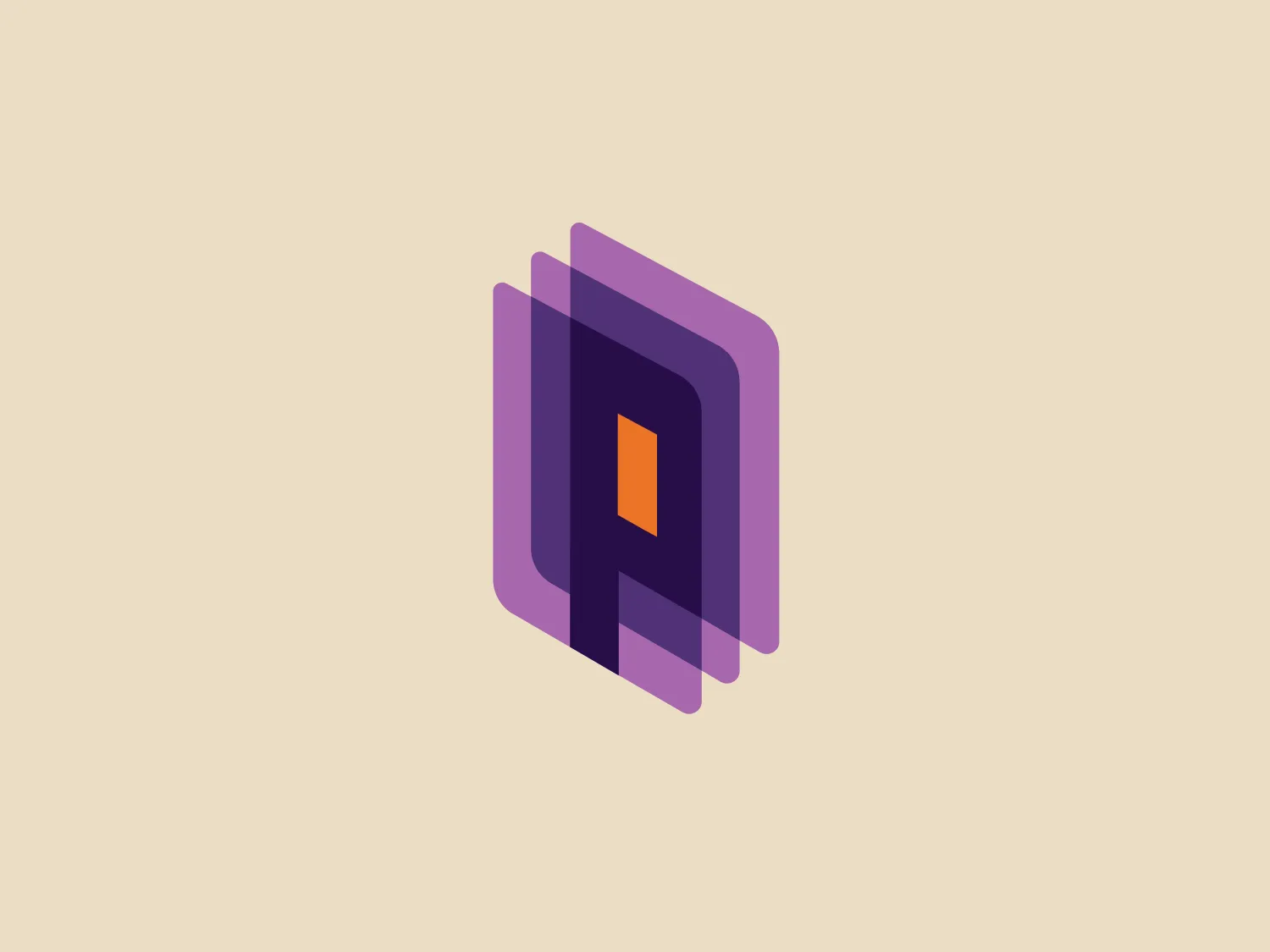 The Pensare Group logo is a modern, clean design consisting of geometric shapes that create a sense of depth. It features two rounded rectangles layered to form an abstract letter or symbol. The color palette includes shades of purple with a gradient effect and a bright orange square at the center, drawing attention and adding contrast. This logo would complement a light, neutral background.
