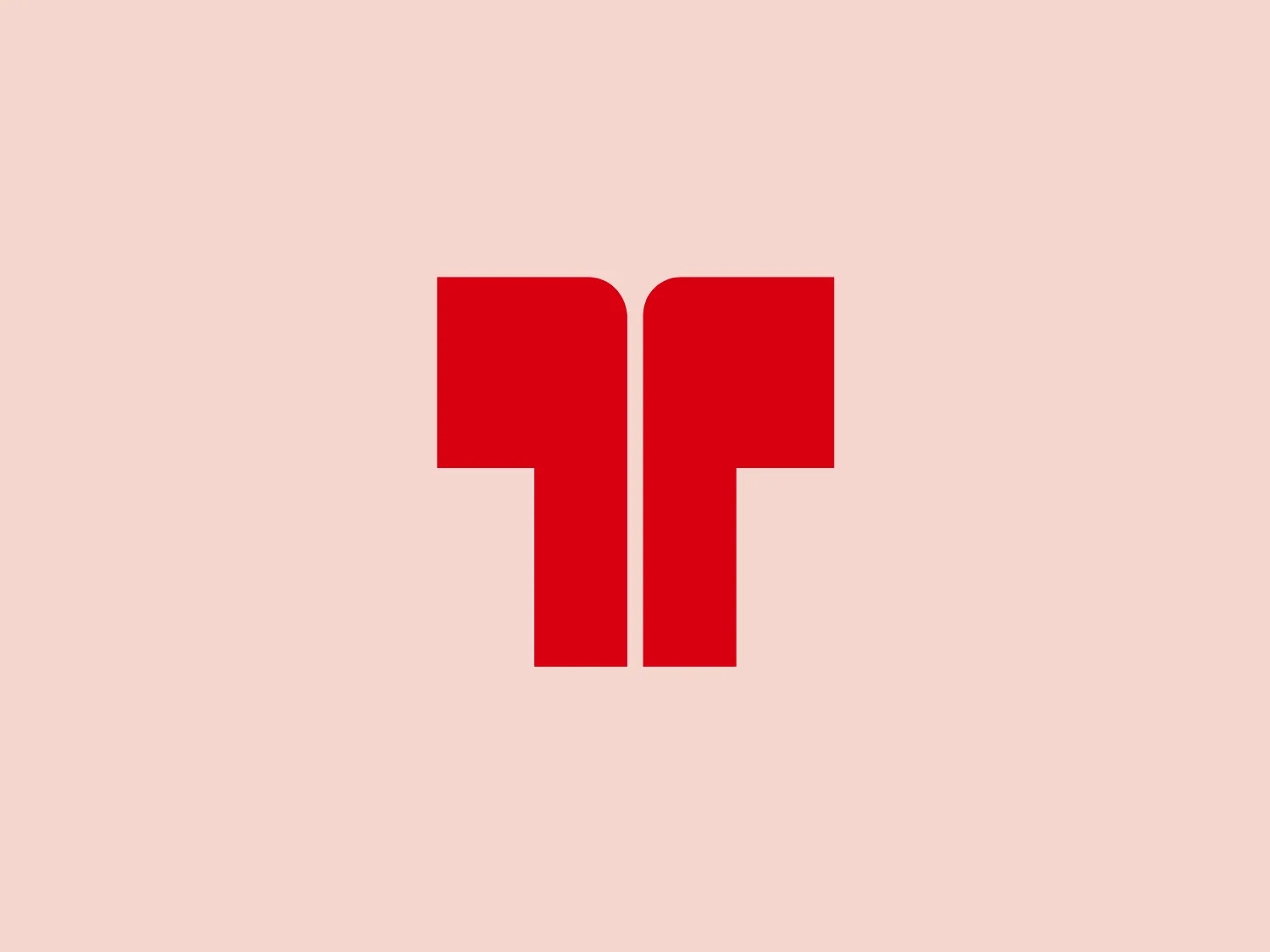 The image features a bold, stylized logo consisting of two vertical bars of equal width and height connected at the top, forming a form reminiscent of the letter "T" or a gateway. The color of the logo is a vibrant, solid red, standing out sharply against the white background, giving it a modern and powerful look. The logo's simplicity and the use of negative space around and within the design contribute to its striking and memorable appearance.