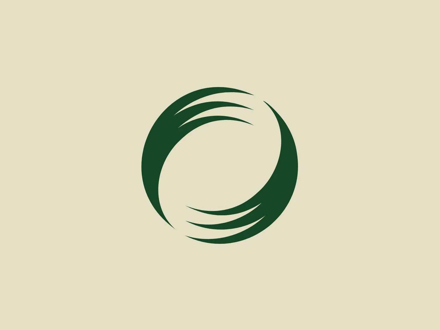 The Ortigas Land logo features a circular form with stylized elements suggesting dynamism and fluidity. Varying shades of deep green create a three-dimensional appearance, giving the impression of motion or circular motion. Four curved lines or strokes thicken as they curve, conveying a sense of movement towards the viewer. These elements are arranged symmetrically, converging towards the open center-left side of the circle, evoking a sense of a globe or circular motion. The overall aesthetic conveys growth, natural energy, and environmental themes, with a clean and modern appearance.