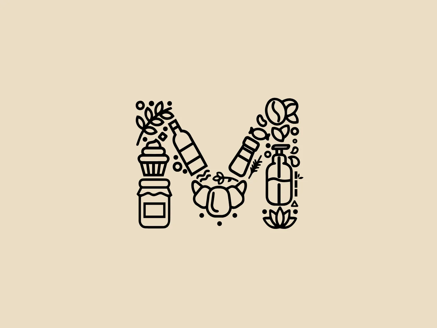 The Logo for Mercado 83 is a symmetrical, line art-style design featuring a centrally placed vase or jar surrounded by leaves and branches. Flanking the centerpiece are wellness and beauty items such as a spray bottle, a classic perfume flacon, and small cosmetic bottles, accompanied by plant elements like flowers and leaves. The solid black lines on a white background create a clean, modern, and minimalist feel, reflecting sophistication while being connected to nature.