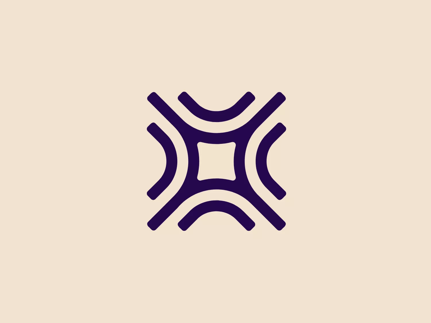 The Cortex logo features a stylized, symmetrical geometric shape that resembles a cross between a four-pointed star and a flower. It consists of four uniform, bold, curved elements that connect at a central point forming a small square space in the middle. Each arm fans outwards and curves down towards the ends, giving the impression of dynamic movement or rotation. The logo is depicted in a deep, rich shade of navy blue which adds a sense of professionalism and stability. The design is sleek, modern, and would be well-suited to a variety of industries including technology, finance, or healthcare. The overall design aesthetic is minimalistic yet impactful.