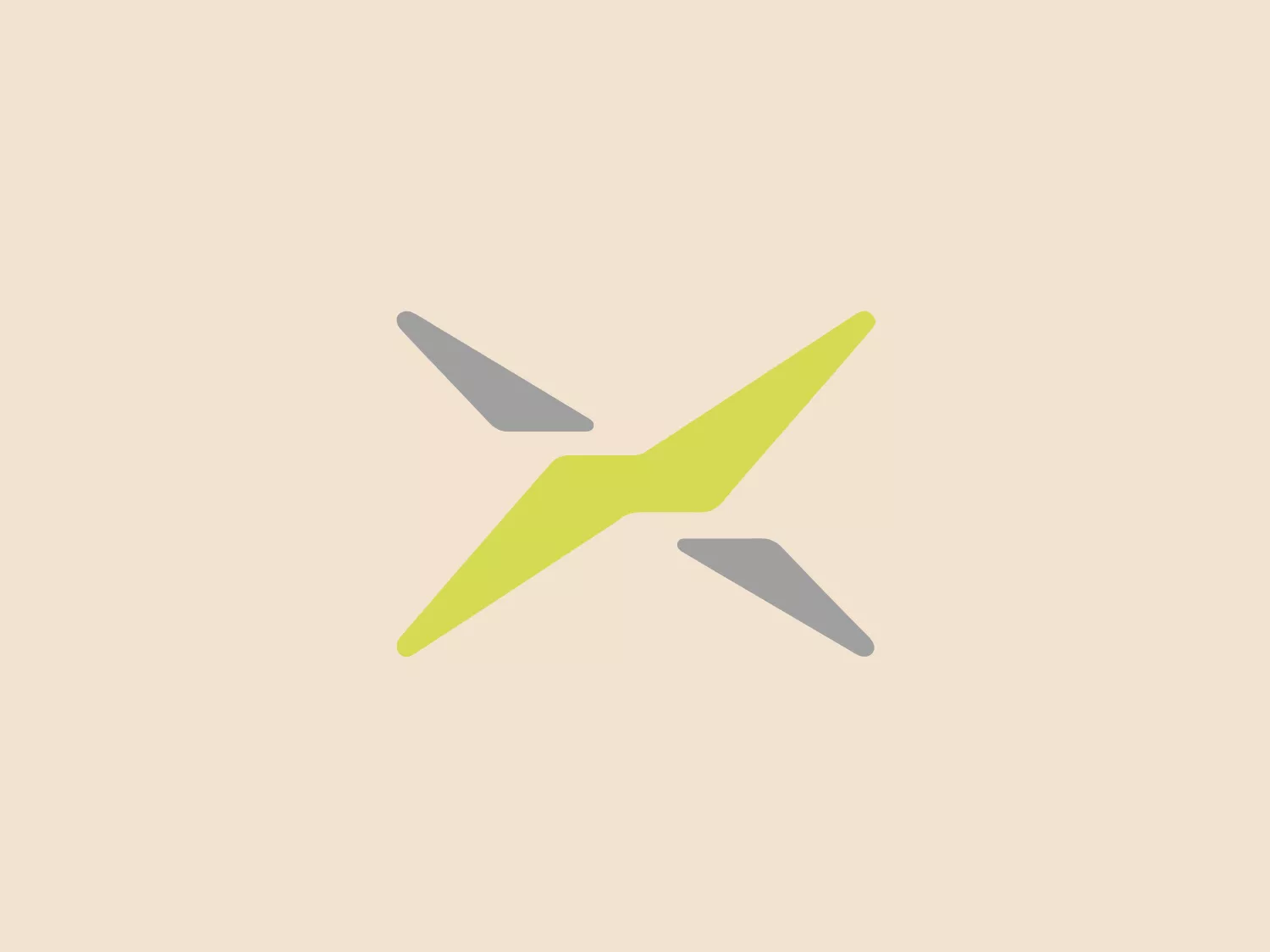 The image depicts a simple, modern logo composed of abstract shapes. The central element is a stylized, asymmetrical X-like figure in a bright lime green color (a shade reminiscent of hex #9ACD32). Surrounding parts of the X are three grey shapes that suggest motion or rotation. The design aesthetic is minimalistic, with a sense of dynamism implied by the angular elements and contrasting colors. The logo lacks any additional ornamentation or text, emphasizing its sleekness and contemporary feel for Delux Technology.
