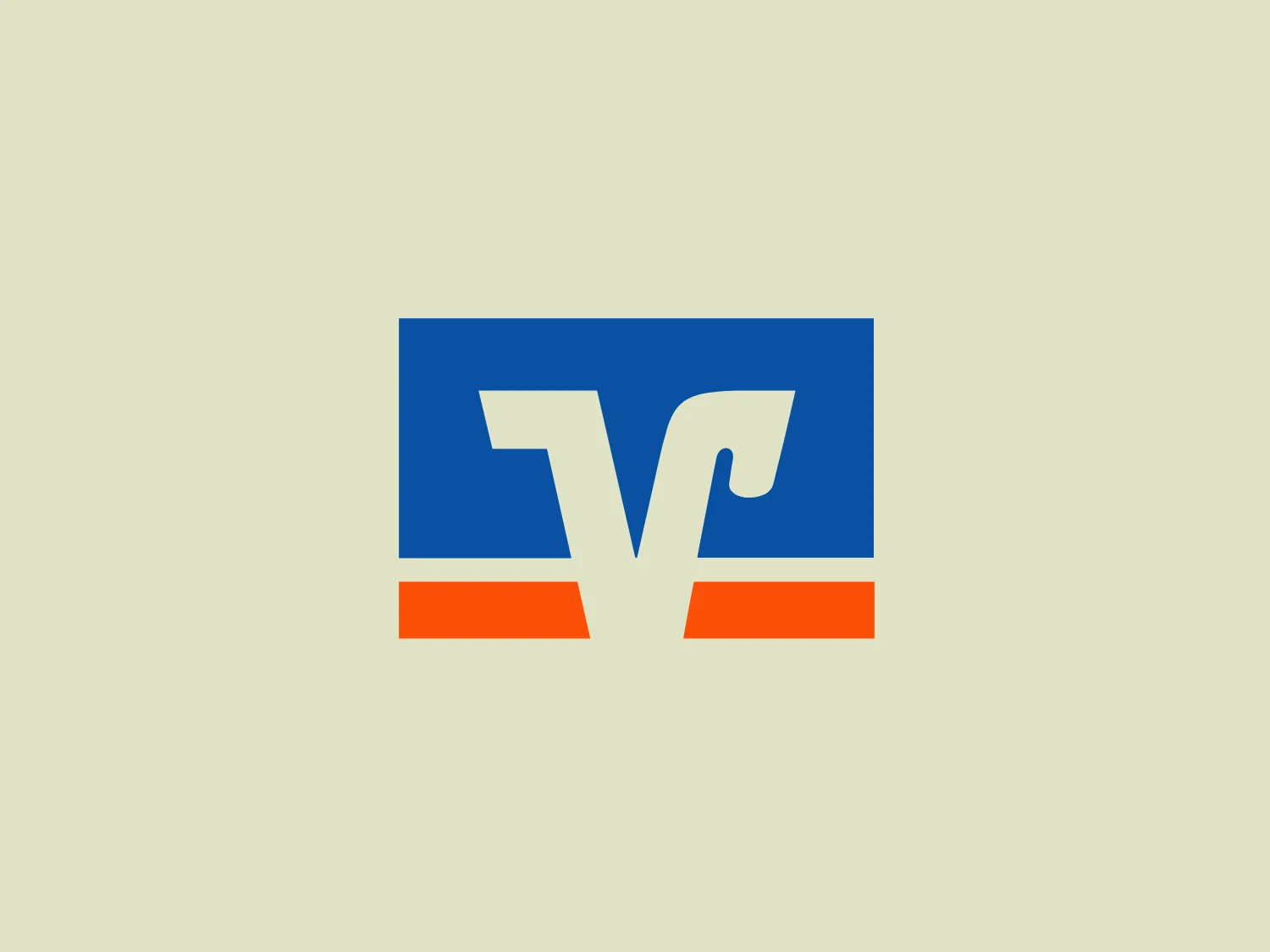 The Volksbanken Raiffeisenbanken logo features a stylized uppercase letter 'V' in white set against a blue square with rounded corners. Below the square is a bold, horizontal orange stripe that underlines the blue area, adding a contrasting color. The 'V' has a unique cut on its right side, giving it a dynamic and modern look. The design aesthetic is clean, bold, and contemporary, with the use of negative space in the 'V' creating an interesting visual element that catches the eye. The simplicity and strong geometric shapes suggest a sense of reliability and professionalism.