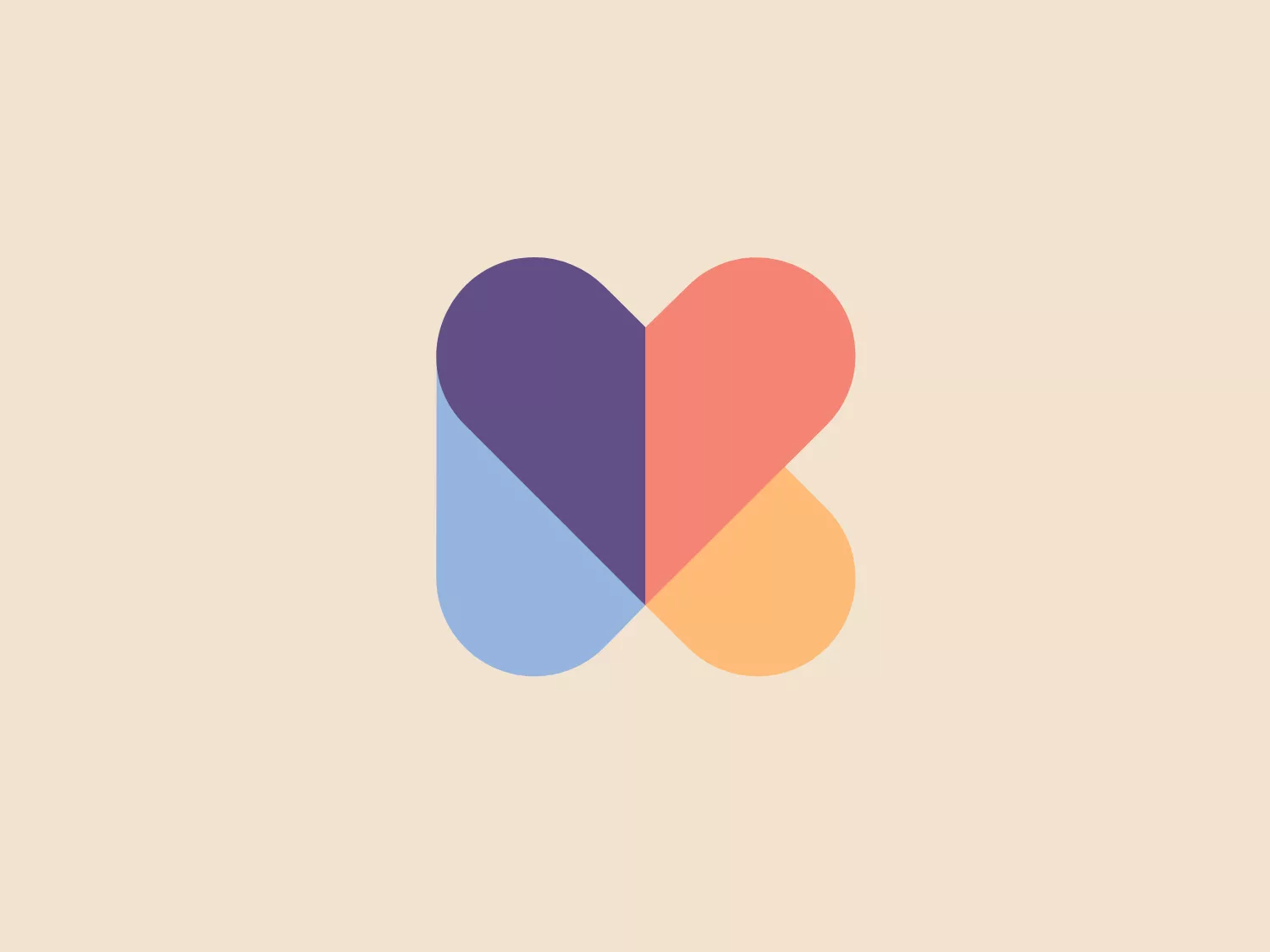 The Kids First logo is a modern and minimalistic design with an abstract heart or letter "B" shape. It features three overlapping geometric shapes: a purple circle, a blue semi-circle, and a pinkish-orange quarter-circle, each with a flat color fill and slight transparency. The overlapping areas create new colors when they intersect, contributing to a harmonious blend of hues, presenting a soft, approachable, and friendly aesthetic. The simplicity and use of gentle, pastel-like colors create a soothing visual experience.