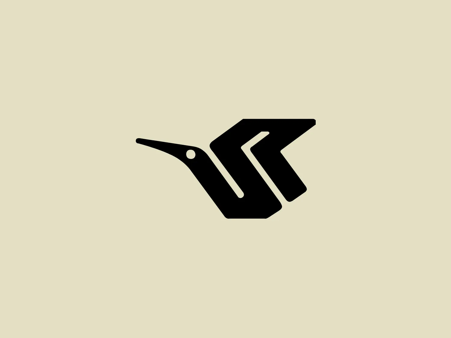 The image depicts a stylized, abstract logo for Kormoran consisting of bold, black shapes that convey a sense of movement or transformation. The design is modern and minimalistic, featuring clean lines and sharp angles that appear to form an origami-like bird in mid-flight. The main elements of the logo resemble a folded wing and tail, with a dot representing an eye, adding a sense of life to the otherwise geometric design. The logo exudes a dynamic and progressive feel, suitable for a brand looking to convey innovation and agility.
