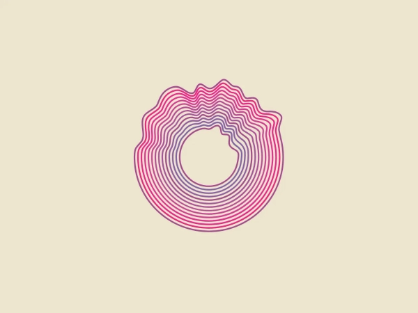 The Hamilton Philharmonic Orchestra logo displayed is a modern, abstract design consisting of concentric shapes that form a stylized letter "O". The shapes are reminiscent of topographic lines on a map or the grooves of a vinyl record, suggesting depth and movement. The color gradient transitions smoothly from magenta at the bottom to a deep violet at the top, creating a sense of vibrancy and energy. The lines vary in thickness, and their undulating pattern gives the logo a dynamic and rhythmic quality. The white space in the center emphasizes the geometric precision of the design. Given the vibrant hues of the Hamilton Philharmonic Orchestra logo, a more understated background would complement it well.