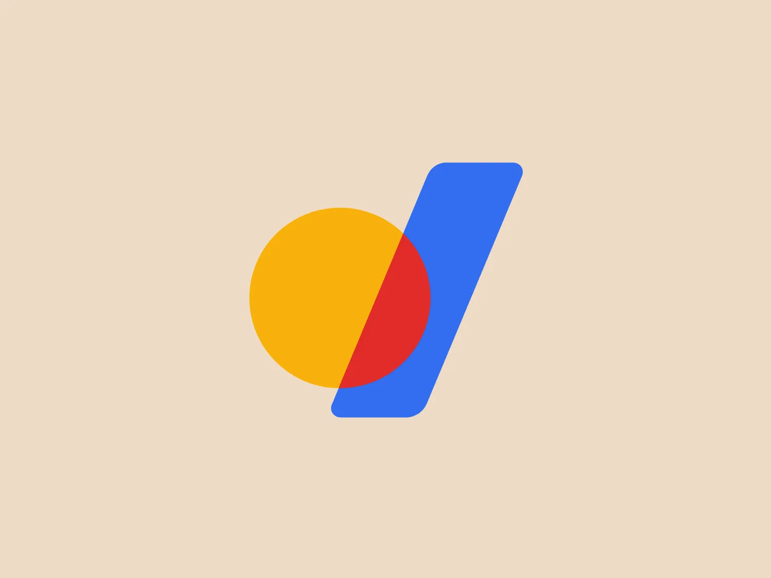 The Google Domains logo features a bold geometric design with a yellow circle partially overlaid by a blue vertical rectangle with a slightly skewed perspective, creating a sense of depth and movement. The color palette is bright and primary, with a matte finish, conveying simplicity and modernity. The logo's shapes and colors are distinct against a light background and would stand out even more on a soft, minimally saturated background.