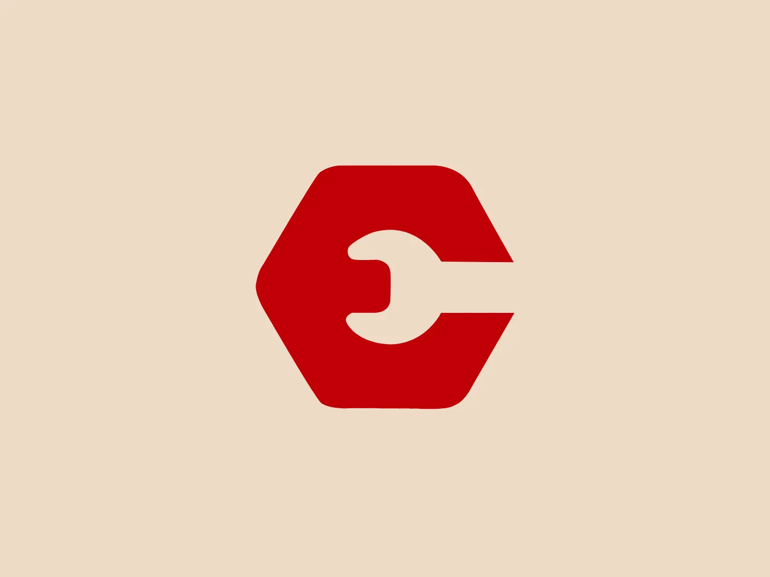 The logo showcases a bold, solid red hexagon with slightly rounded edges, framing a white wrench silhouette centered horizontally. The wrench's handle aligns perfectly with the midline of the hexagon, providing symmetry and stability within the design. The simplicity of the wrench icon against the vivid red background conveys a clear message related to maintenance, repair, or mechanical services. The overall design aesthetic is modern, clean, and easily recognizable, with a striking contrast between the white figure and the red field. A suitable background color for this logo that would maintain its boldness and visibility would be a light neutral tone.