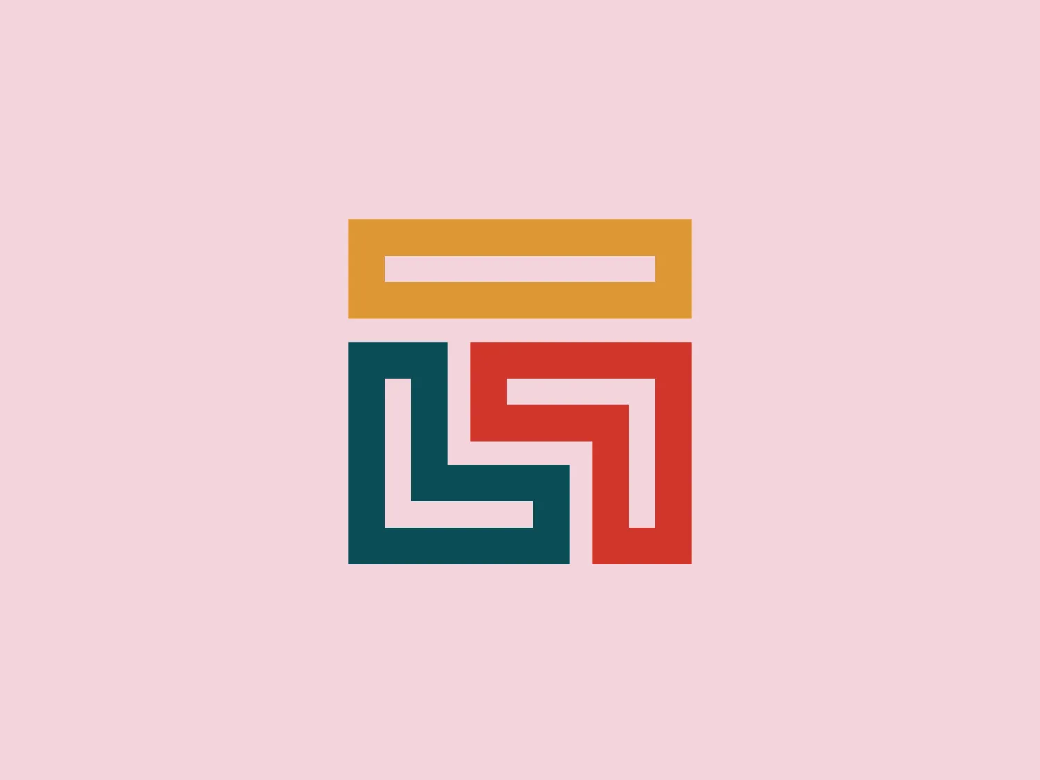 The Ginn Group logo showcases a stylized representation of geometric shapes that form a three-dimensional cube illusion. The design comprises three interlocking shapes in saturated tones: a mustard yellow bar at the top, a teal blue on the left side in an L-shape, and a coral red on the right in a backward L-shape. These shapes are arranged to create a sense of depth and dimensionality, playing with the viewer's perception. The overall aesthetic of the logo is modern and clean, with a minimalistic approach reminiscent of classic tangram puzzles or the Bauhaus design school.