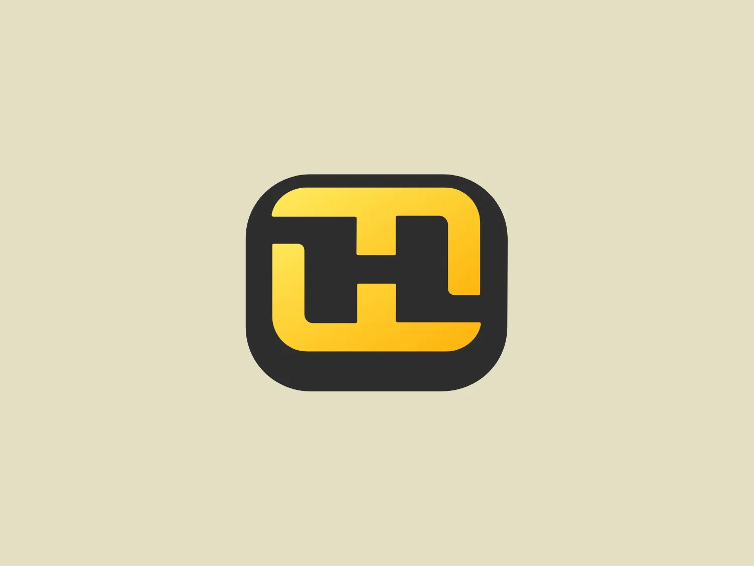The image shows a bold and stylized "Hustler" logo composed of three distinct parts. The central vertical bar of the "H" is colored yellow and features soft edges, imparting a modern and friendly feel. This yellow bar is flanked by two black shapes resembling stylized versions of the letter 'E' facing inward, lending the logo a balanced and symmetrical appearance. The entire design is encapsulated within a rounded rectangle with a dark grey border, enhancing the logo's contrast and readability. The simplicity and color scheme suggest versatility and a professional aesthetic.