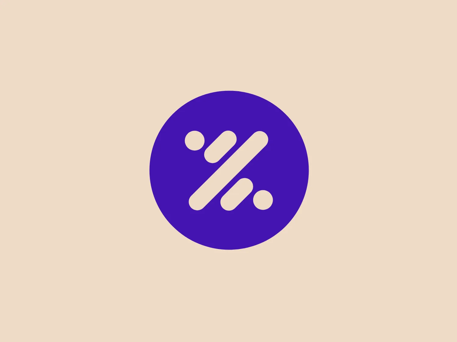 The logo presented is a simple, modern design that consists of a white symbol against a solid purple circle. The symbol looks like a stylized forward slash or a percent sign, suggestive of speed or efficiency with its slanted and dynamic appearance. Its negative spaces also create four small white circles that add visual interest. The contrast is high, with the crisp white standing out against the vibrant purple background. Considering color harmony and the need for the Zinc logo to be the focus, a light and unobtrusive background would complement it well.