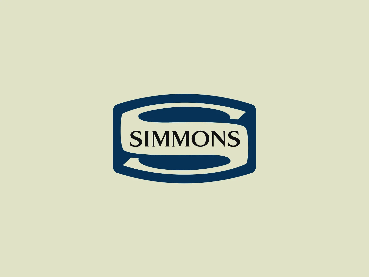 The Logo for "SIMMONS" features a primarily dark blue color scheme. The central element is an abstract, oval-like shape that has been horizontally sliced to accommodate the brand name in white capital letters. The oval's edges curve inward, adding a dynamic and modern feel. The logo is centered within a darker blue rectangular outline with rounded corners, enhancing its bold and contemporary appearance. The design is clean and free of embellishments, emphasizing professionalism and sophistication, underscoring the Simmons Bedding brand.