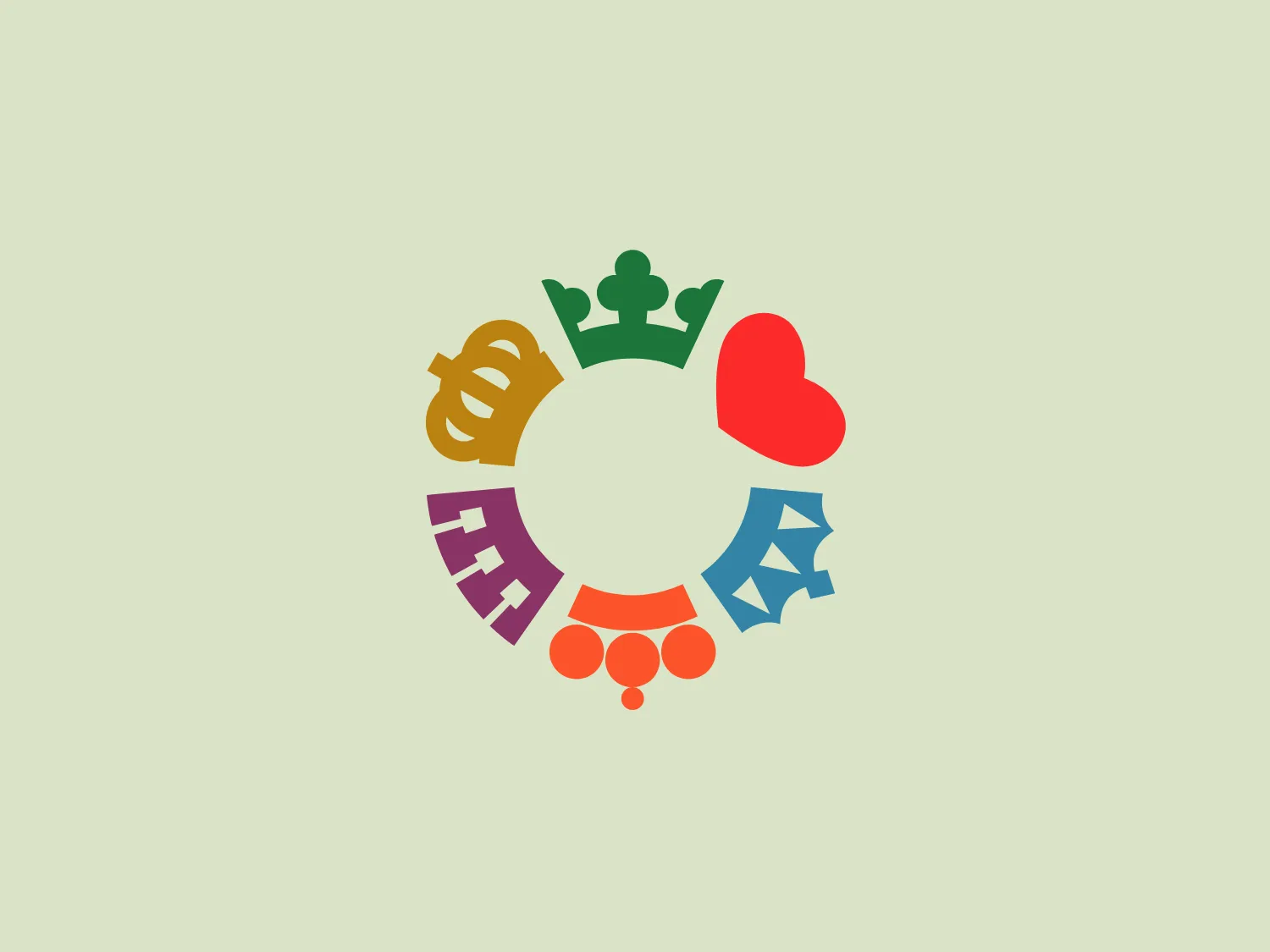 The Visit Oradea logo is a circular emblem with a stylized aesthetic, showcasing a variety of symbols in a spectrum of colors. Clockwise from the top, there is a green crown, a golden-yellow lyre or harp, a red heart, a purple pair of comedy/tragedy masks, an orange circus tent, and a blue diamond. These icons likely represent different aspects of entertainment or cultural activities. The design is flat, with no gradient or shadowing, featuring bold, clean lines for a modern and simplistic look. Between the symbols, there are small circular gaps, lending an open and dynamic feel to the design.