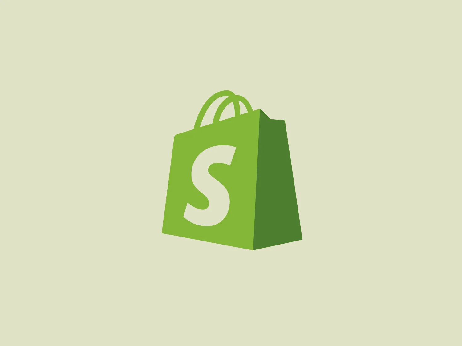 The Shopify logo features a stylized shopping bag in a vibrant shade of green with a bold, white "S" prominently displayed on its side. The design aesthetic is modern and minimalist, with clean lines and a three-dimensional effect created by subtle shading to suggest depth and curvature. The gently angled top of the bag and the looped handles add to the illusion of a real, tangible object. The color choice is friendly and suggests sustainability or organic origins.