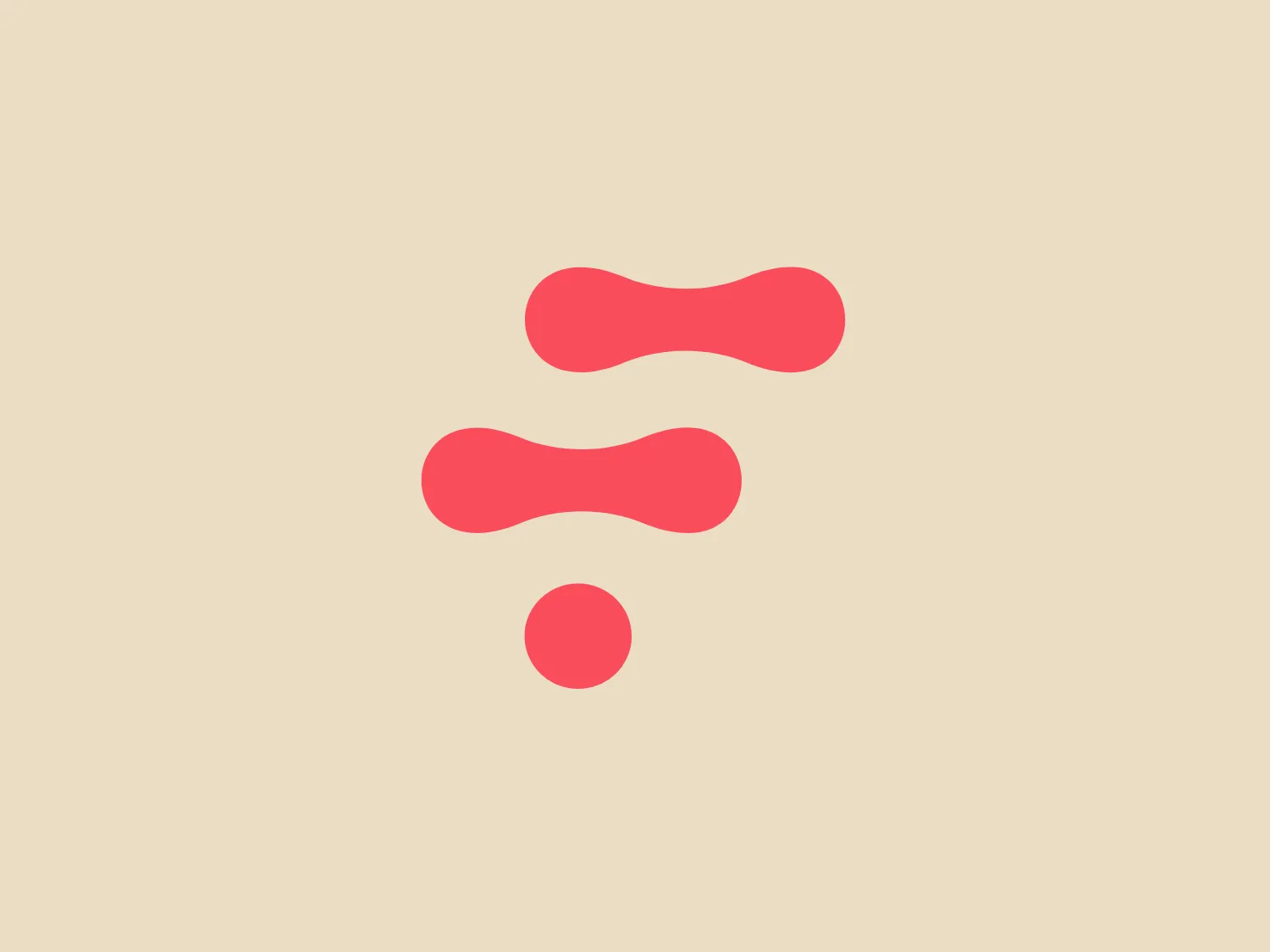 The Fintonic logo features an abstract design consisting of three bold shapes. Two similar elongated, rounded shapes are arranged vertically with a slight angle, creating a sense of movement or balance. Below these two forms is a smaller, perfectly rounded circle, centrally aligned with the space between the shapes above it. The design uses a striking coral red color that stands out with its energetic hue. The overall aesthetic is modern and minimalist, with a playful yet sophisticated feel. The shapes might suggest connectivity or interaction, appropriate for a company focused on communication, technology, or health and wellness due to the resemblance to cells or links in a chain.