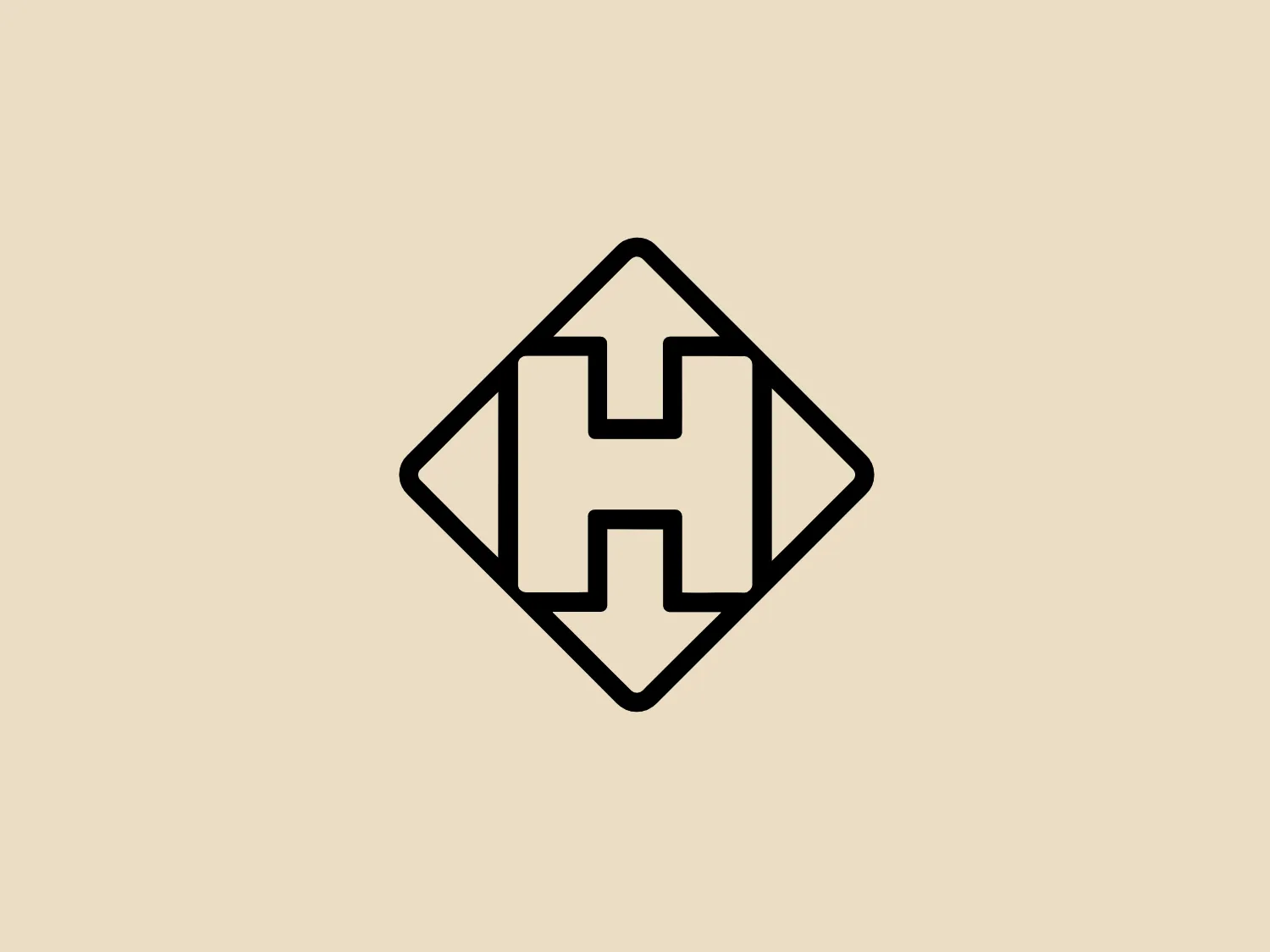 The Hammerhead logo presents a monochromatic, two-dimensional design with a bold, uppercase "H" at the center. The "H" features strong, straight lines and right angles, giving it a modern and clean appearance. This character is enclosed within a diamond shape with balanced sides, emphasizing stability. The logo employs a thick black outline around both the letter and the diamond, creating a sharp contrast against its white background and hinting at a professional or corporate brand identity.