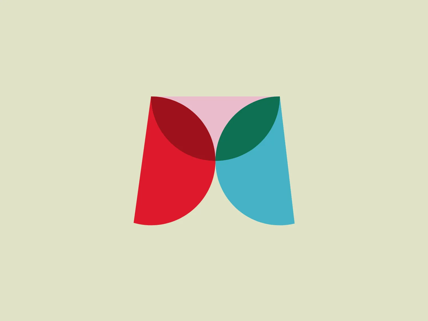 The Madeira logo features a pair of abstract, petal-like shapes in deep red (#E63950) and muted teal (#3AAFA9). Both shapes are similar in size, with round edges overlapping in the center to create a symmetrical design. A new color emerges where they overlap, giving depth and interaction. The modern, clean design suggests dynamism and harmony, with a recommended complementary background color of #F2E2D0.