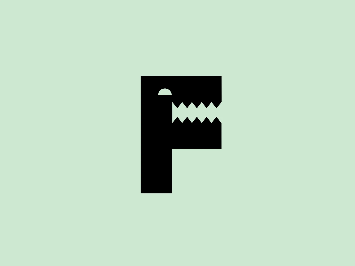 The image depicts a monochromatic logo featuring a stylized letter "F" in black. The design has a modern and minimalist aesthetic, utilizing geometric shapes and negative space to create a unique visual effect. The letter "F" is characterized by a straight vertical line and three horizontal lines with jagged edges that resemble a series of steps or teeth, adding an edgy and dynamic feeling to the Filmosaurus Rex logo. This zigzag pattern on the horizontal lines creates a sense of motion or digital fragmentation. The logo's simplicity and contrasting edges make it bold and easily recognizable.