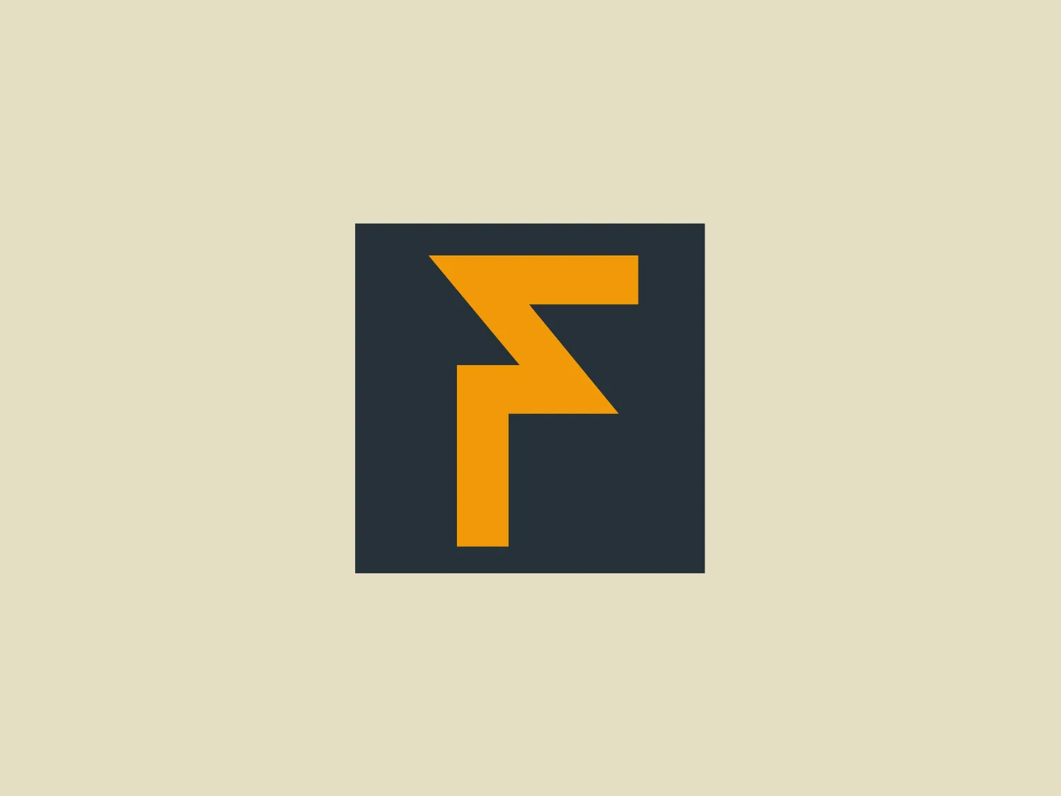 The image displays a bold, angular logo with a stylized letter 'F' centered in a square frame. The 'F' is constructed from straight lines and sharp angles, giving it a dynamic and modern appearance. The color of the 'F' is a deep mustard hue that stands out against the dark gray or charcoal background of the square, creating a strong contrast that makes the design pop. The overall aesthetic is minimalist and suggests efficiency and forward-thinking.