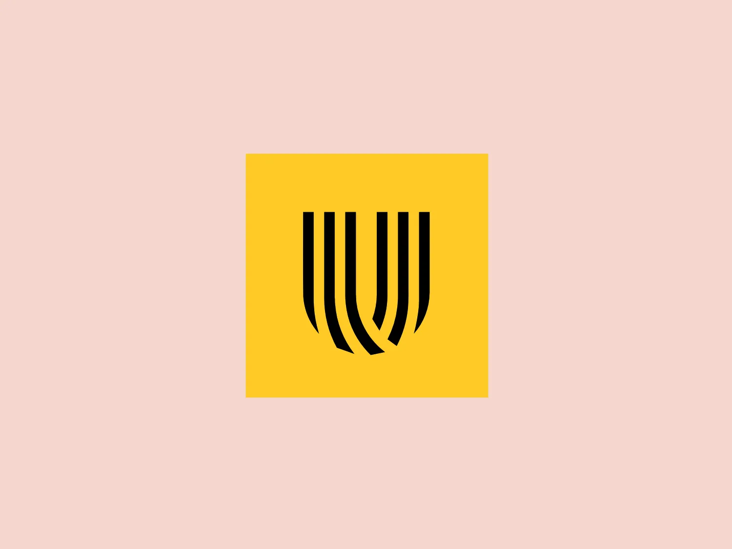 The Unicable logo showcases a sleek and modern design featuring five vertical, black shapes against a bright yellow square background. These shapes resemble columns made up of three connected lines, creating a dynamic and perspective-like effect. The thick-to-tapered lines give the impression of converging towards a central point below the logo, adding a sense of motion to the design. The logo's contrast would be complemented well by a subtle and light background.