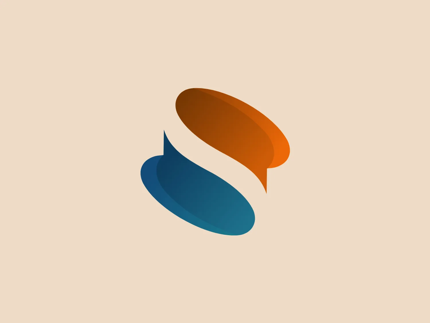 The business logo for Kracht van Verbinding features an abstract design with two overlapping shapes resembling a stylized letter 'S' or a mobius strip. The top figure is a warm, vibrant orange with a hexcode similar to #FFA500, and the bottom figure is a deep, calming blue with a hexcode close to #0000FF. The shapes have a smooth, three-dimensional gradient effect, adding depth and a modern look, while the color harmony and contrast are enhanced. The logo's color palette would be complemented by a subtle and light background.