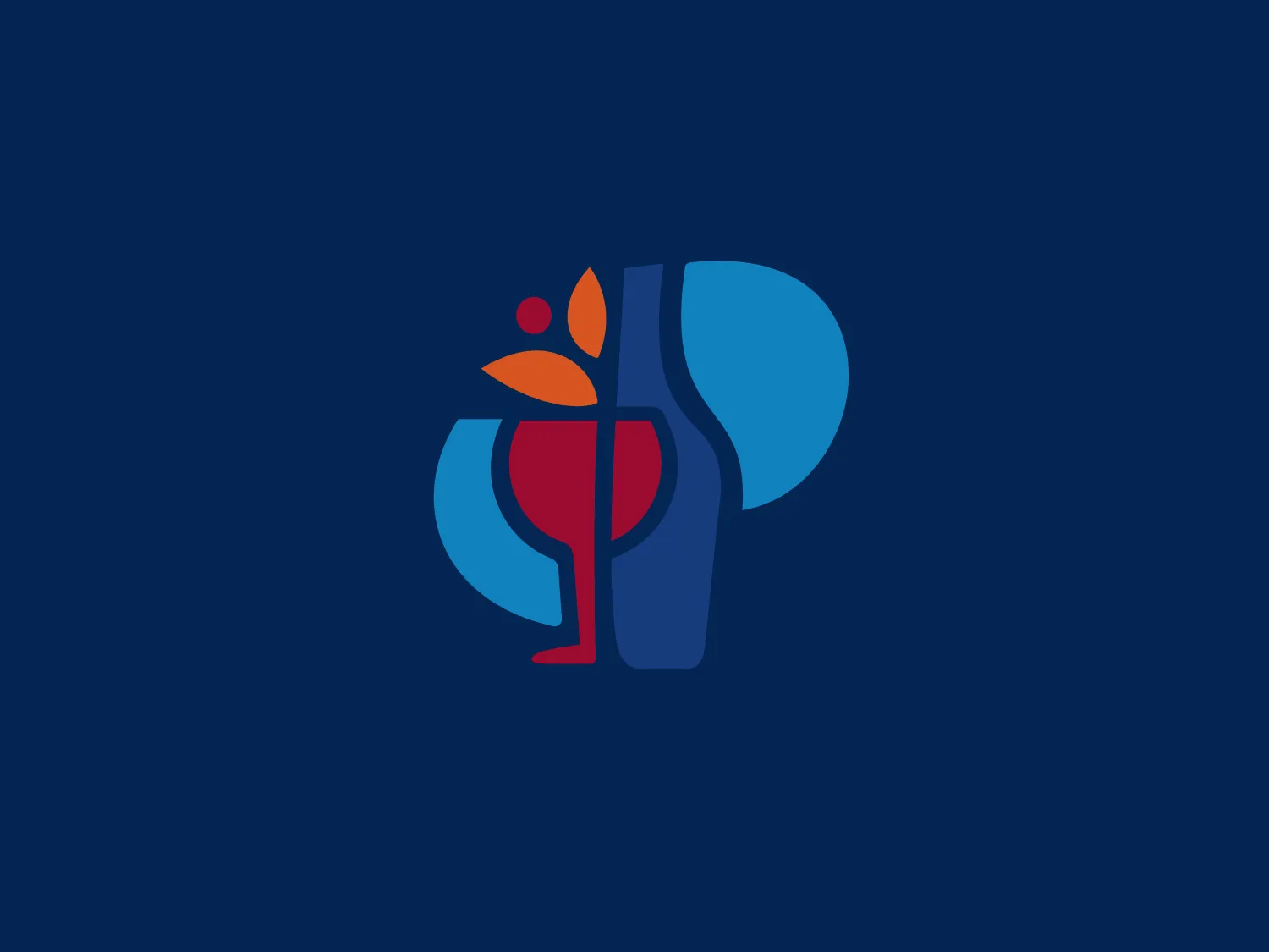 The Pinot's Palette logo showcases an abstract design with intertwining organic and geometric shapes in deep blue (#003366), vibrant red (#CC3333), and soft orange (#FF6633). The central element resembles a blooming figure, suggesting growth and human-centric values. The round shapes convey a sense of community and inclusivity, while the sharp angles add a touch of modernity. The vibrant colors of the logo pop against a subtle and light background in #F8DED9.