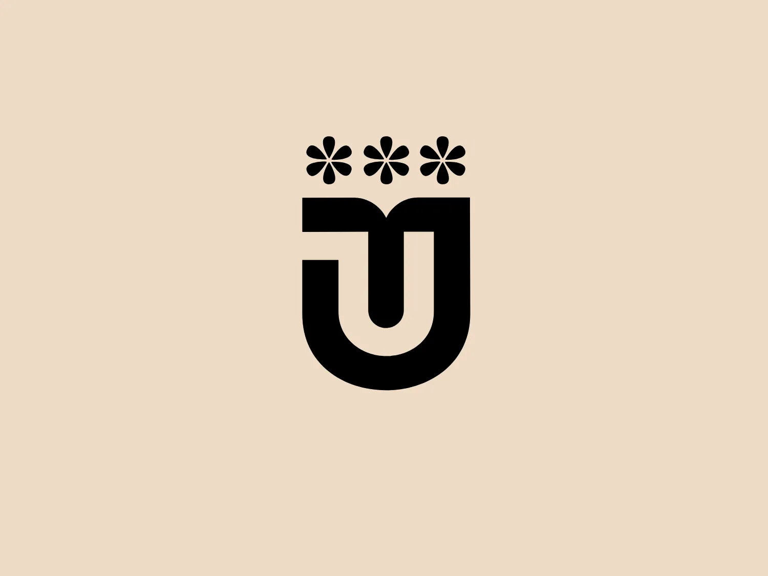 The Usakhelauri logo features a bold, black 'U' with a unique twist at the top where both arms of the letter curve inward slightly, giving the impression of a container or receptacle. Above this 'U', there are three stylized flowers, each with four petals and a dot in the center, providing a contrast with their organic shape to the geometric form of the 'U'. The use of negative space between the petals adds further detail and sophistication to the design. The overall aesthetic is modern, clean, and could be suggestive of growth or freshness due to the floral element. The simplicity of the color scheme, black on a white background, gives it versatility in application across various mediums.