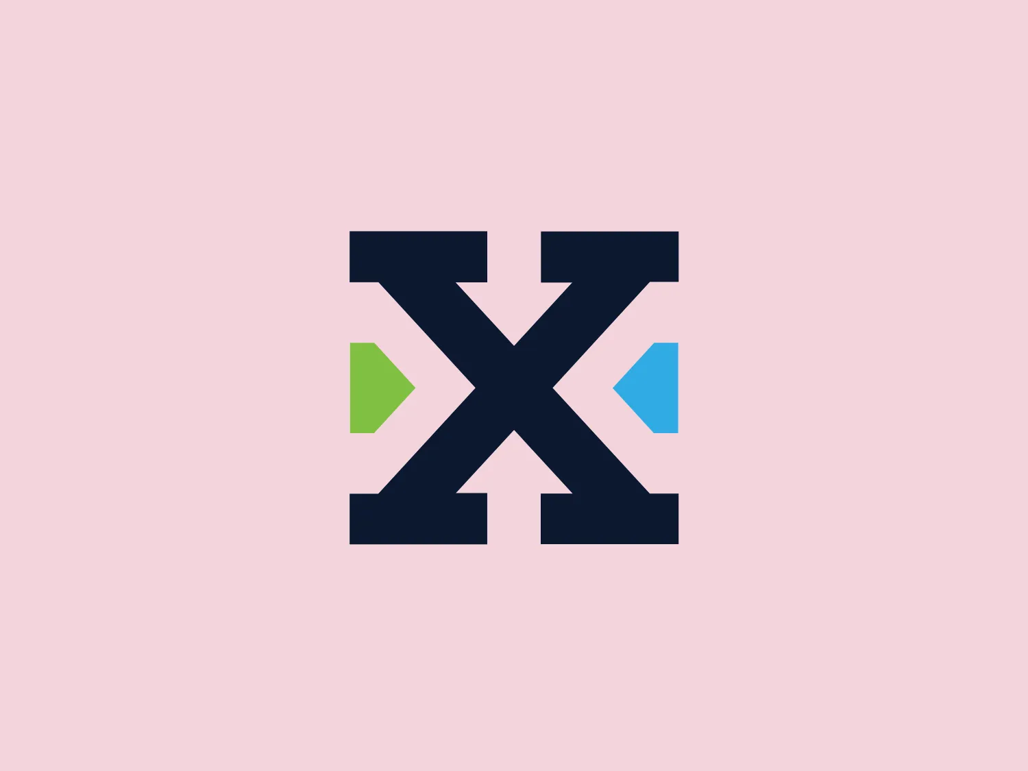 The Interxion logo features a bold, geometric design with stylized letters forming an interconnected shape, resembling the letter "X." The main color of the design is a dark navy set against a crisp white background. Two small triangles in bright lime green and softer sky blue add a pop of color. The overall aesthetic is modern and clean, making it well suited for a tech company or a brand seeking a sleek, contemporary image.