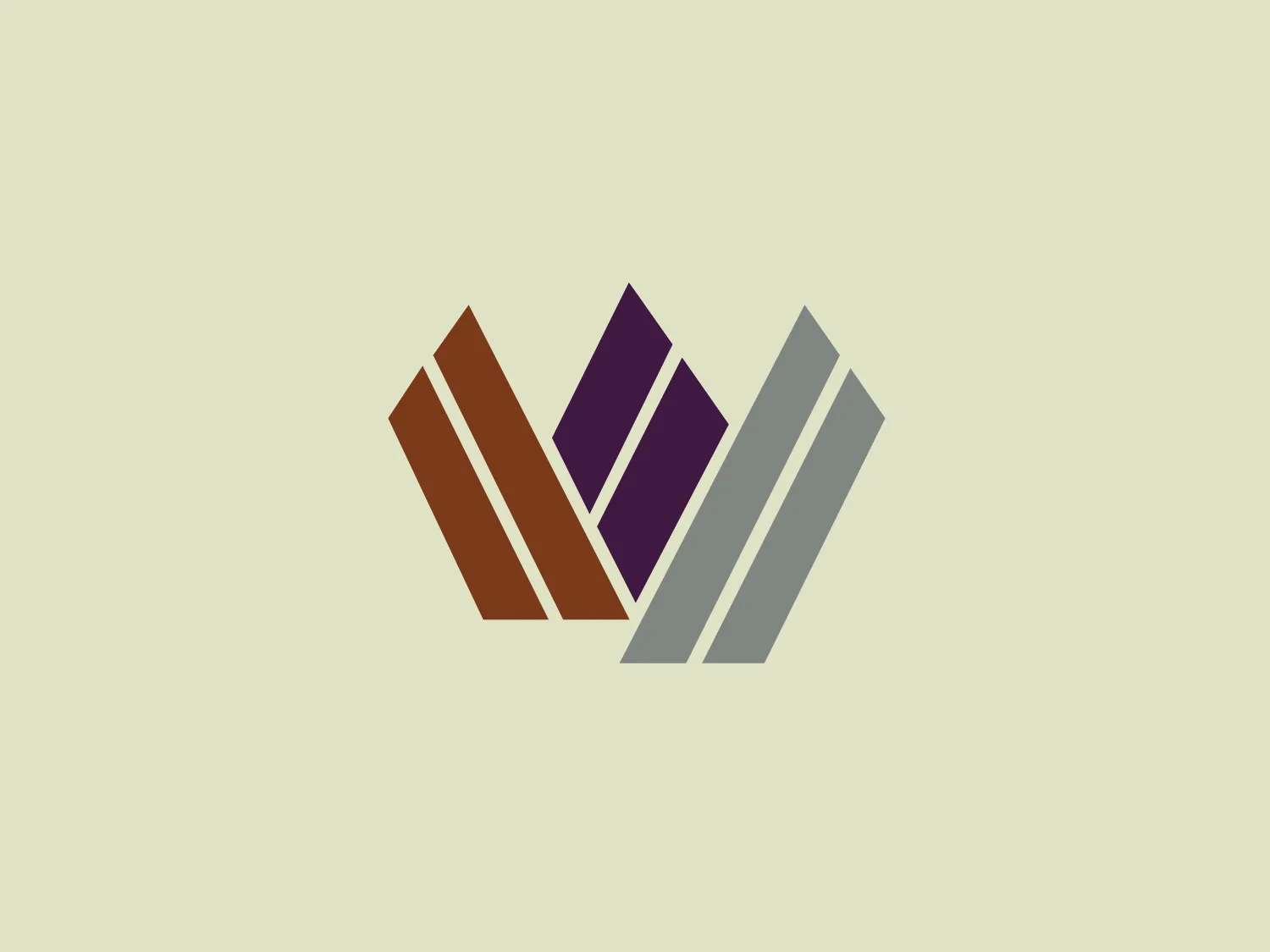 The Weber State Credit Union logo features three parallelograms leaning to the right, creating a sense of movement or progression. From left to right, the parallelograms are colored in a deep brown, a muted purple, and a light grey, respectively. The shapes are aligned with consistent spacing, giving the logo a balanced and modern look. The contrast between the colors adds visual interest without being overwhelming, suggesting a brand identity that values sophistication and simplicity. The shapes could symbolize growth, dynamism, or a stepwise progression towards a goal.