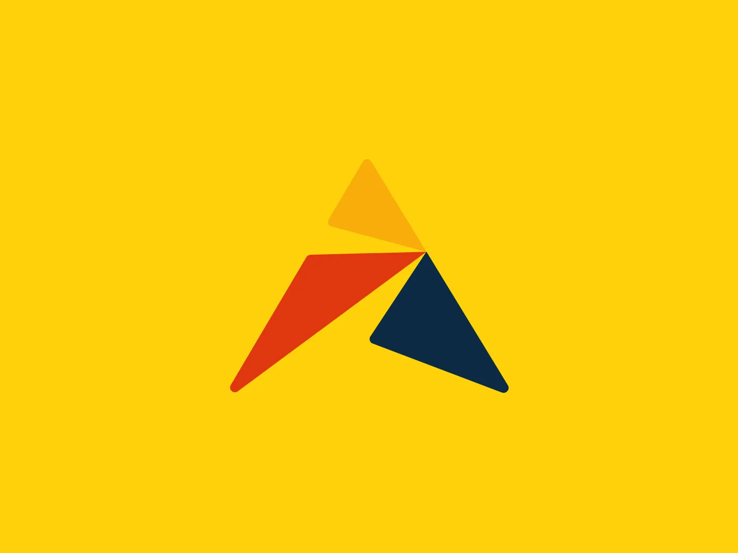 The Amtoss logo features three stylized triangles arranged in a pinwheel-like configuration, each with a different color. The top triangle is a bright yellow (#FFD700), the bottom right triangle is a deep navy blue (#000080), and the bottom left triangle is a vibrant orange (#FFA500). The triangles meet at a single point in the center, creating the impression of dynamic movement or rotation. The design is modern and simplistic, using flat colors and clean lines without any gradients or additional embellishments. The choice of colors provides a bold contrast that is eye-catching and energetic.