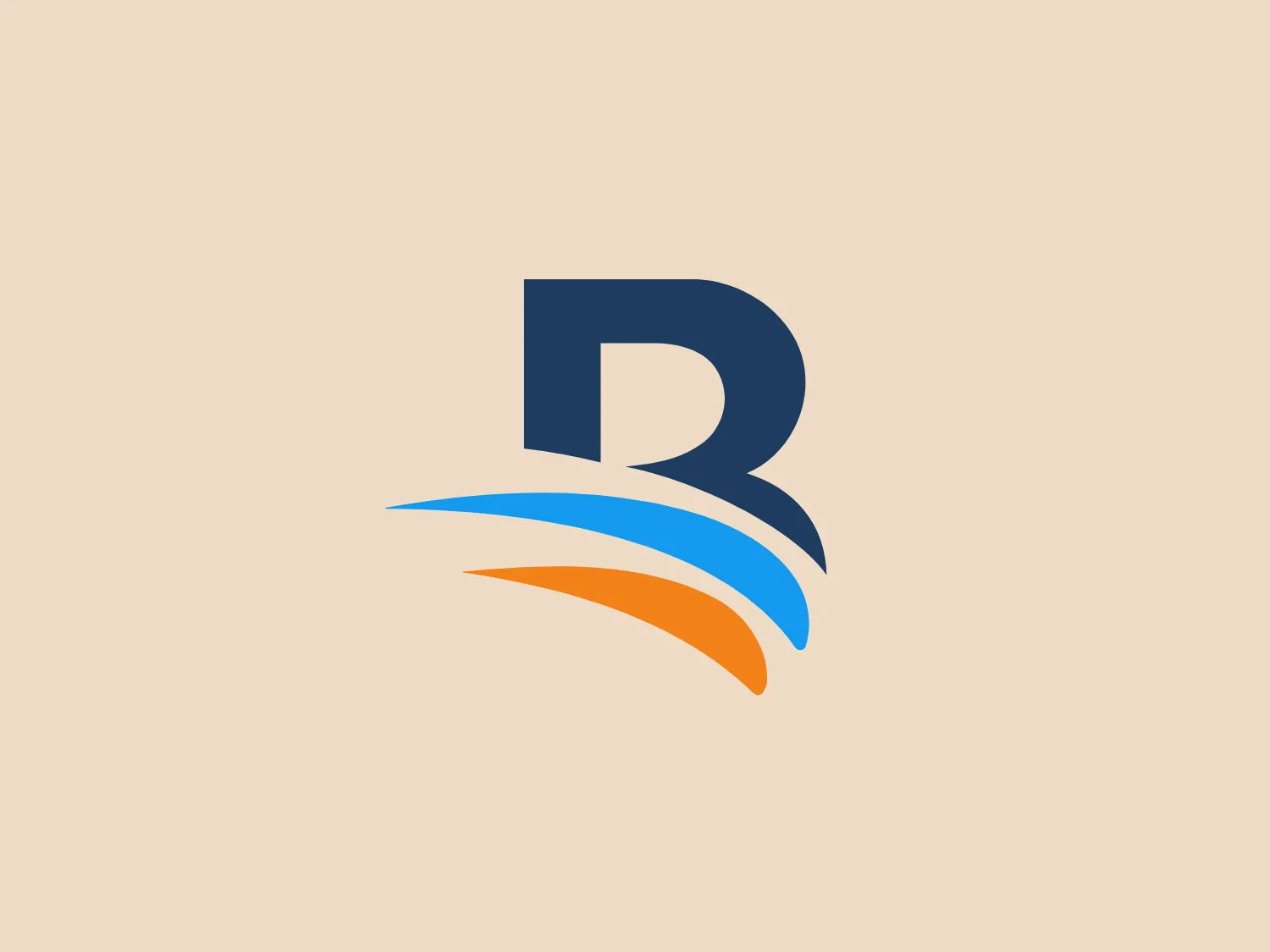 The Banreservas logo showcases a capitalized letter "R" in a dark grey tone using a modern, bold sans-serif typeface. Below the "R," three curved swooshes flow to the left, colored in gradients of light blue, blue, and orange, creating a dynamic contrast. The design presents a clean, contemporary look that suggests energy, speed, or growth.