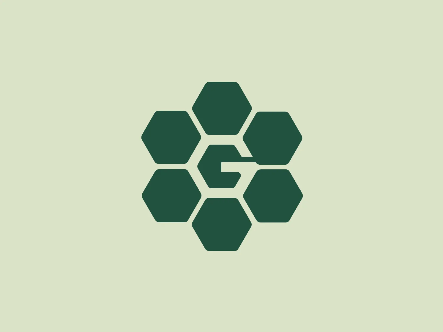 The Grupo Gamma logo presents a geometric arrangement of seven hexagons with a shared common edge, creating a honeycomb-like pattern. Rendered in a shade of dark green symbolizing growth, harmony, or ecological themes, the hexagons are ingeniously aligned to form the letter 'G' in the negative space at the center of the composition, demonstrating clever use of figure-ground illusion to incorporate an alphabetical element. This minimalist and modern design suggests sophistication and a potential connection to nature, science, or technology. Given its association with natural or ecological themes, a soft and light background that complements the green without overwhelming it would be appropriate.