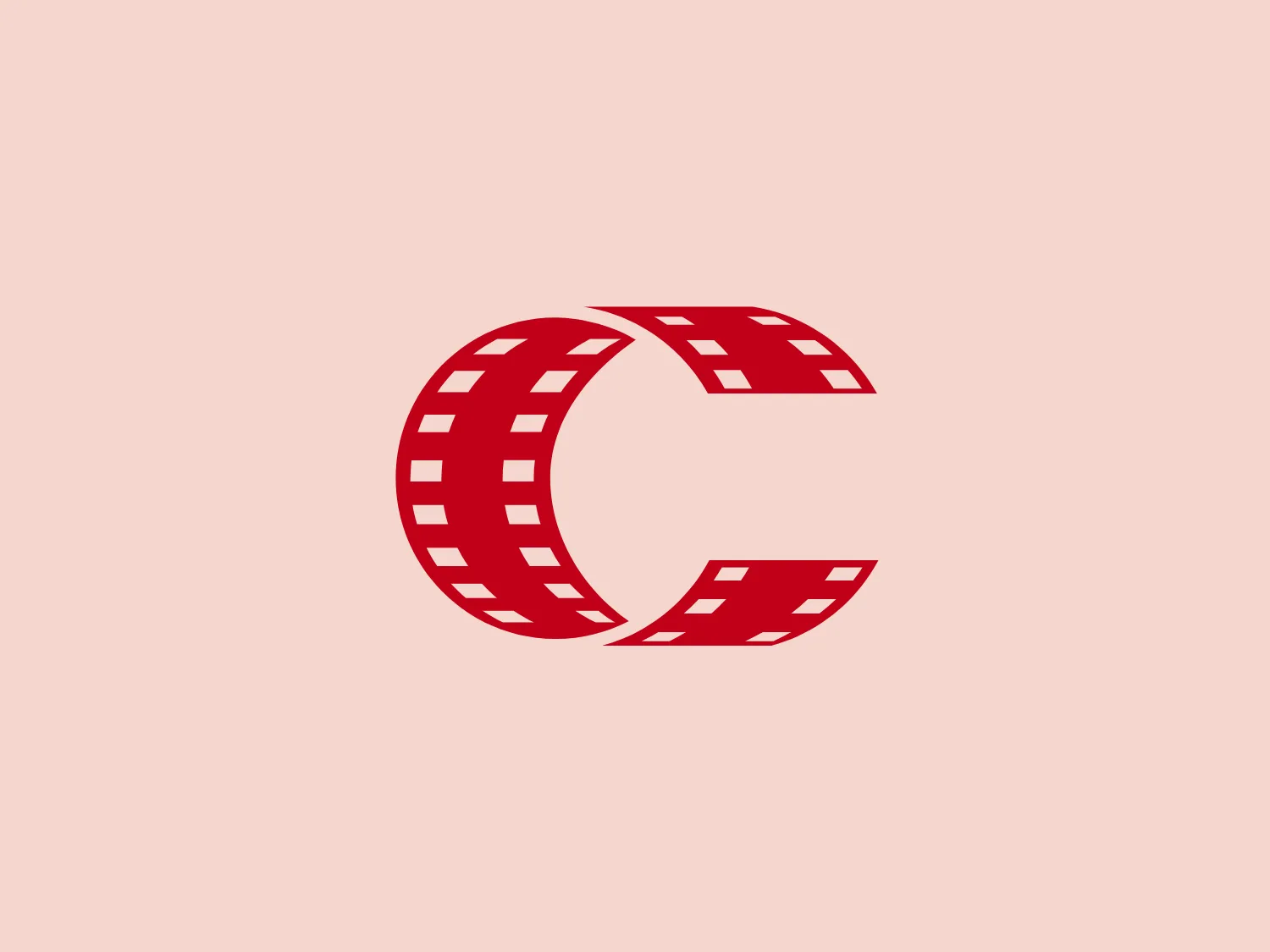 The Caribbean Cinemas logo features a bold, red 'C' with stylized elements resembling a filmstrip. The filmstrip aesthetic is achieved through regularly spaced white squares mirroring actual film perforations. The 'C' has a dynamic curvature and a slightly thicker silhouette on the right side, enhancing the three-dimensional effect and creating a sense of motion. The color contrast sharply with the white, giving the logo a modern and high-impact appearance suitable for the film and entertainment industry.