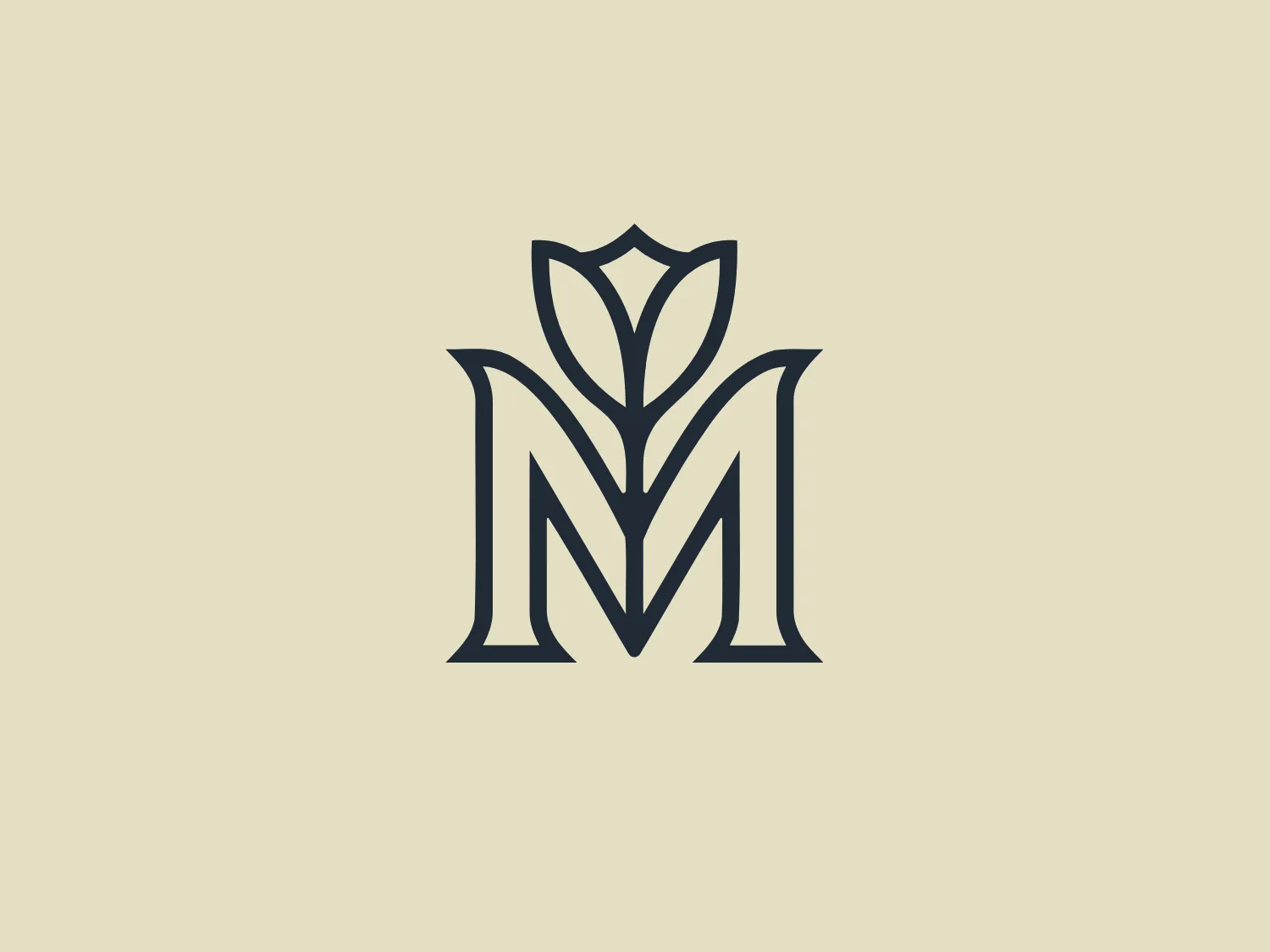 The Mayflower Supply Company logo features a stylized capital letter "M" with a design that suggests growth and nature, incorporating a tulip-like flower in its center. The lines of the "M" and the flower are thick and elegant, combining geometric and organic elements. The color of the logo is a solid, dark shade, which gives it a modern and sleek appearance. The negative space within the "M" and the flower is well balanced, making the logo adaptable to various backgrounds.